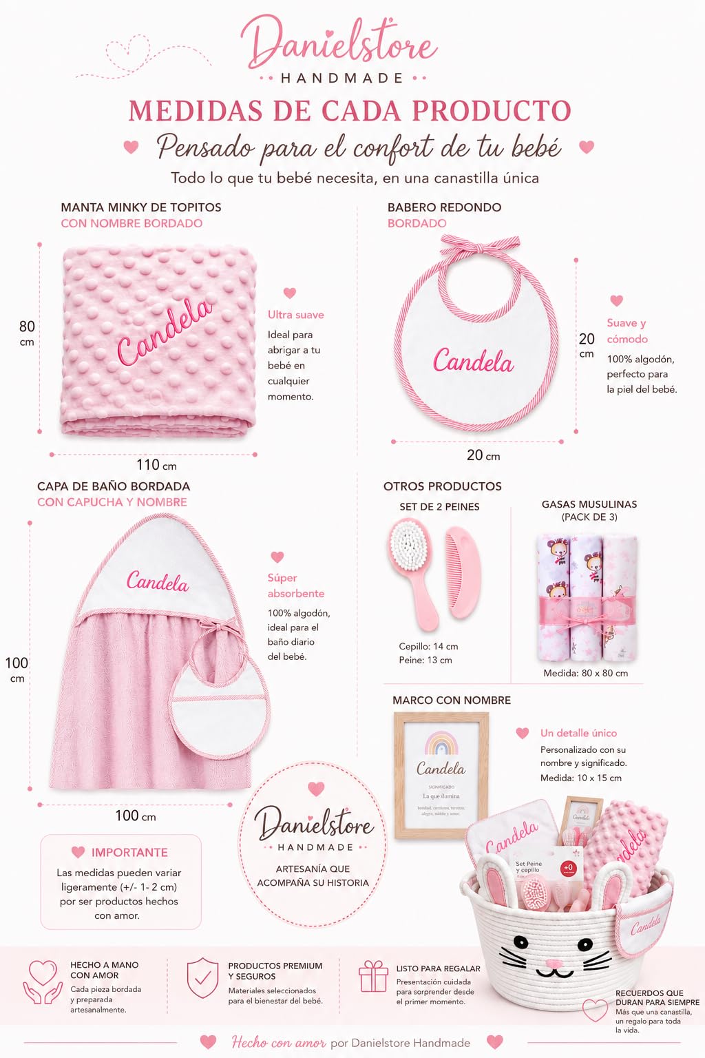Canastilla Bebé Personalizada con Nombre Bordado | Regalo Recién Nacido | Cesta Bebé Premium con Manta Minky, Toalla, Babero, Muselinas y Accesorios | Danielstore (Rosa)