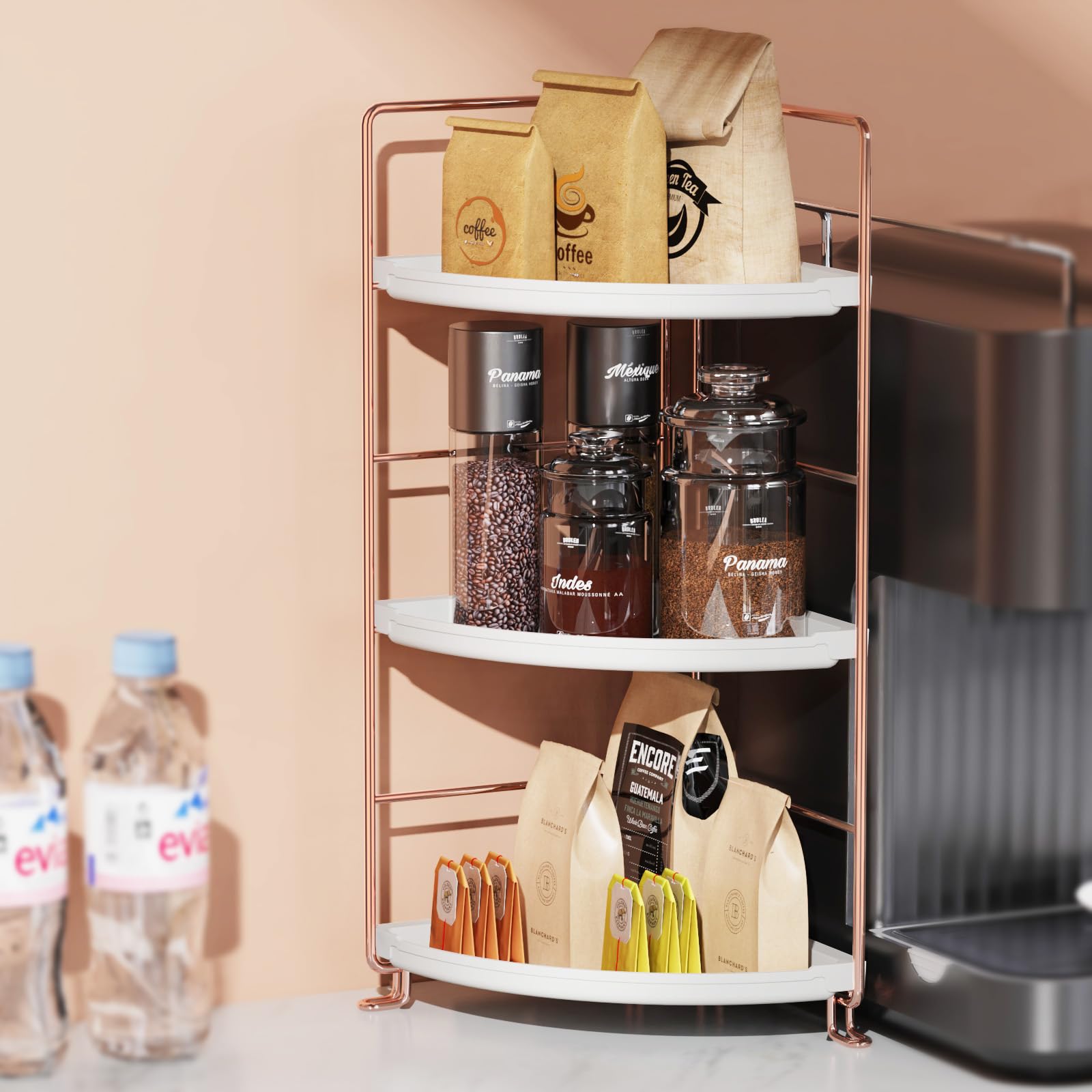 JANUS LiANG 3-Tier Corner Storage Shelf Bathroom Countertop Organizer Stackable Makeup Storage Holder Vanity Tray Cosmetic Rack Standing Kitchen Spice Rack, Easy to Assemble, Plastic/Metal Rose Gold