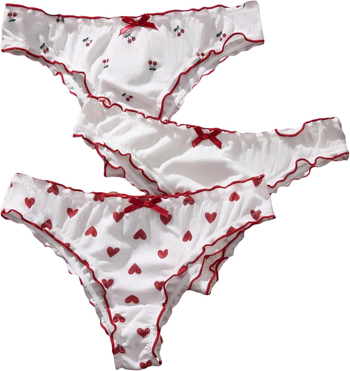 Women's 3 Packs Frilly Panties Vintage Style Heart Print Mid Rise Ruffle Cute Panties Underwear