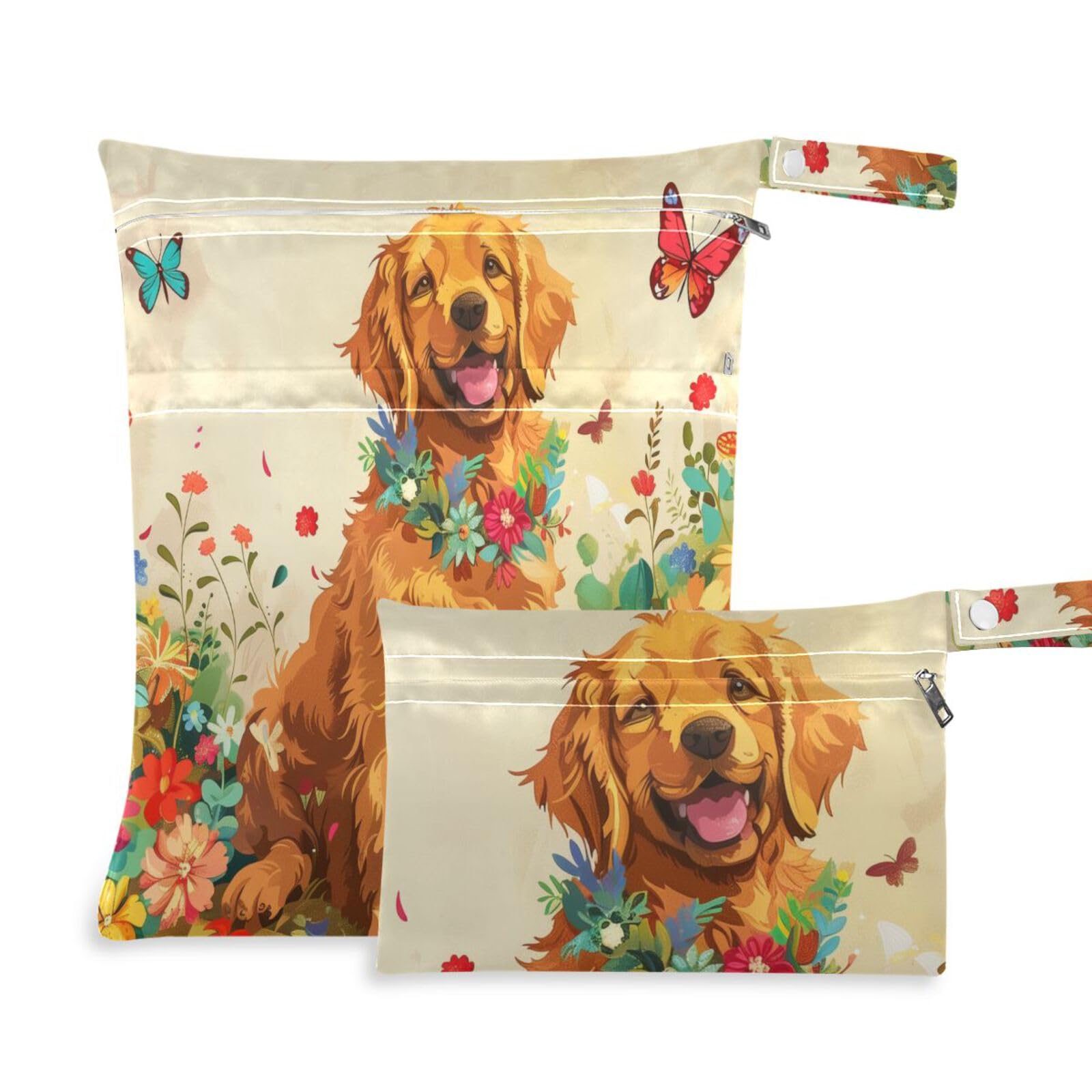 susiyo 2 Pcs Wet Dry Bag Cute Golden Retriever Flower Butterfly Waterproof Reusable Baby Cloth Diaper Wet Bags with 2 Zipper Pockets for Breast Pump Parts Travel Beach Pool Gym Yoga Swimsuits Wet Clot