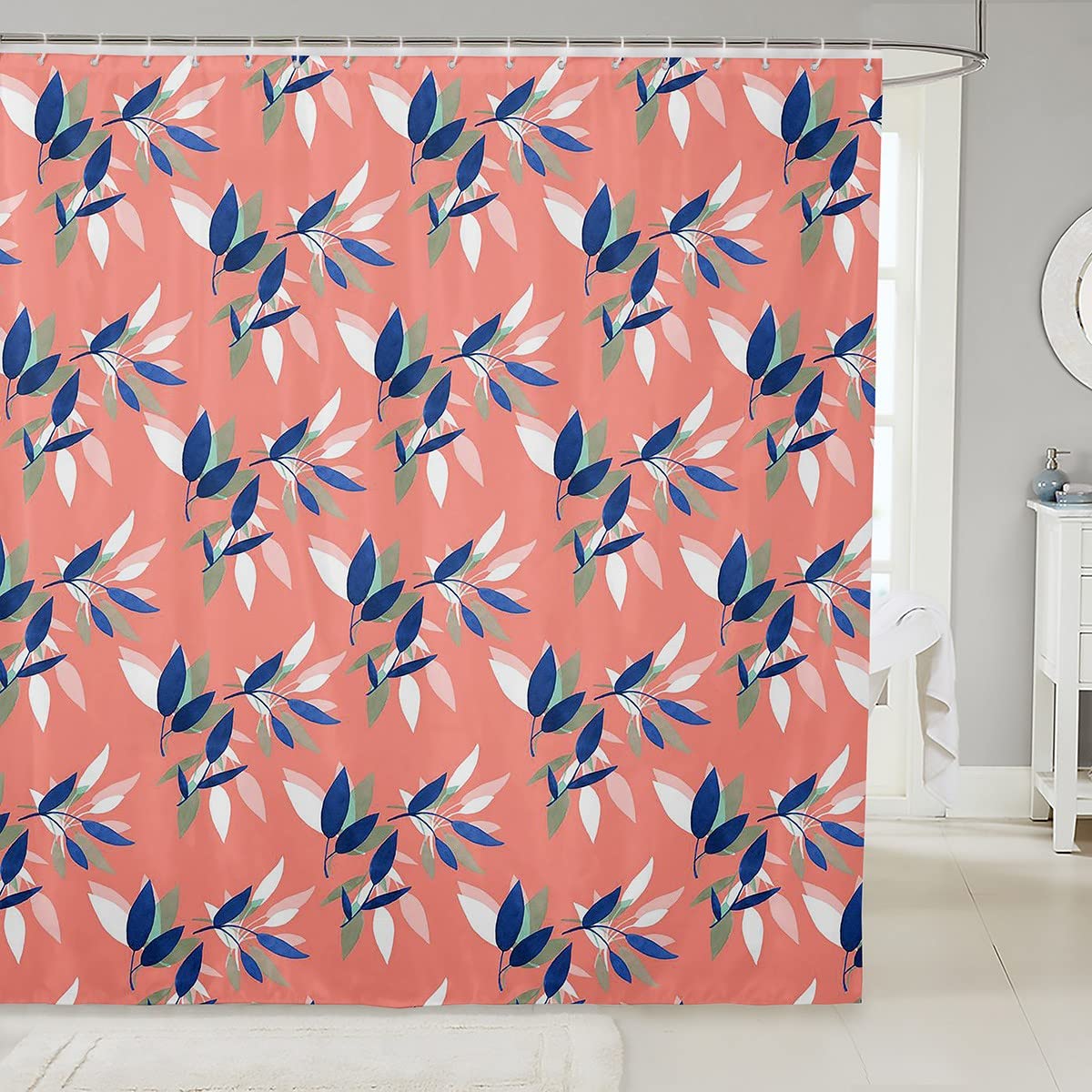 Leaf Bath Curtain with Hooks Tropical Leaves Shower Curtain for Boys Girls Kids Blue Leaf Branches Bathroom Shower Curtain Botanical Plant Waterproof Fabric Bathroom Coral 72x94 Inch — image 1