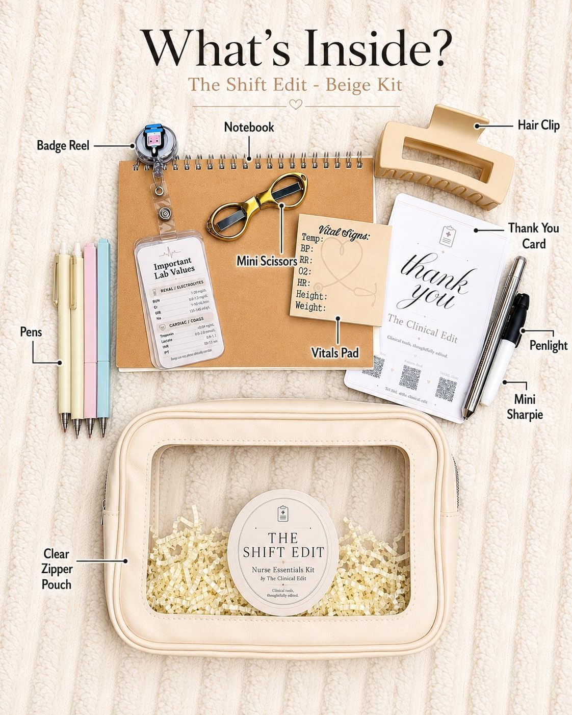 Nurse Essentials Kit for New Grad Nurses & Nursing Students, Nurse Graduation Gift Box - Notepad, Pens, Badge Reel, Penlight, Scissors, Sharpie, Reference Cards & Clear Pouch | The Shift Edit