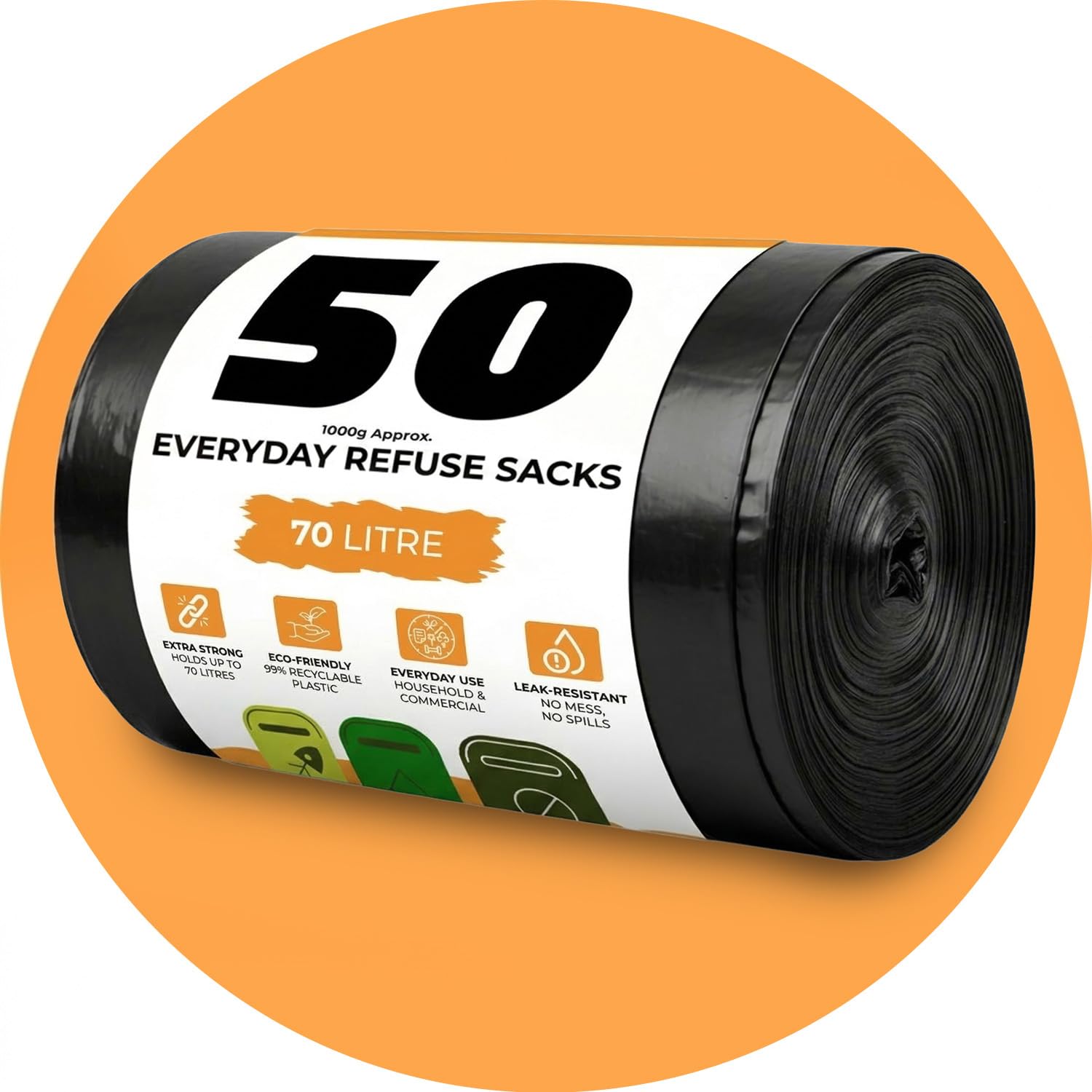 Roe Tenpo 50 Pack Bin Bags - 70L, 30 Microns Bin Liners, Strong & Durable, Tear Resistant Refuse Sack, Black Bin Bags for Everyday Use, Household & Commercial Use