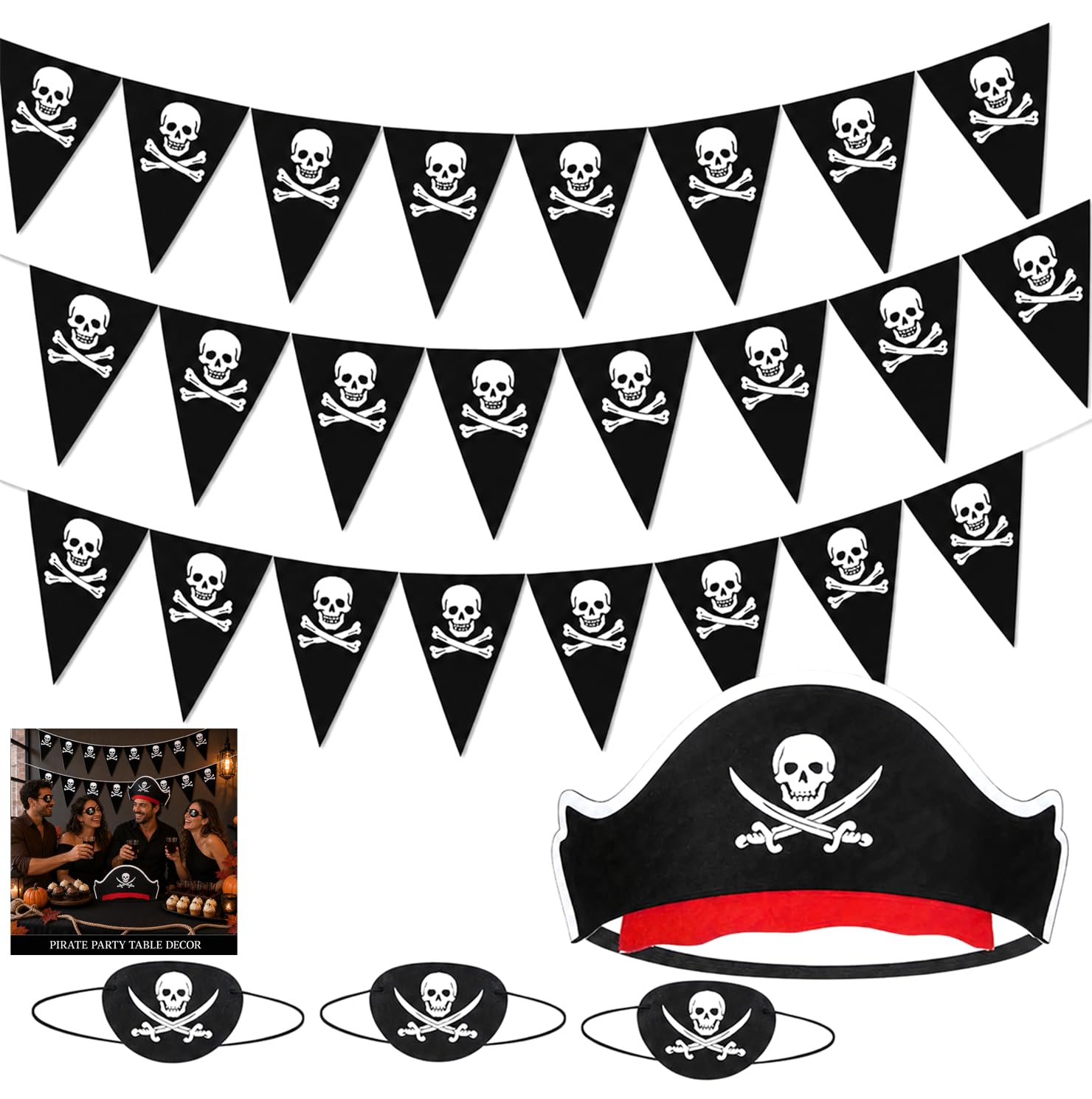 Pirate Party Decorations, Pirate Banner, Hat and Eye Patches, 3 Piece