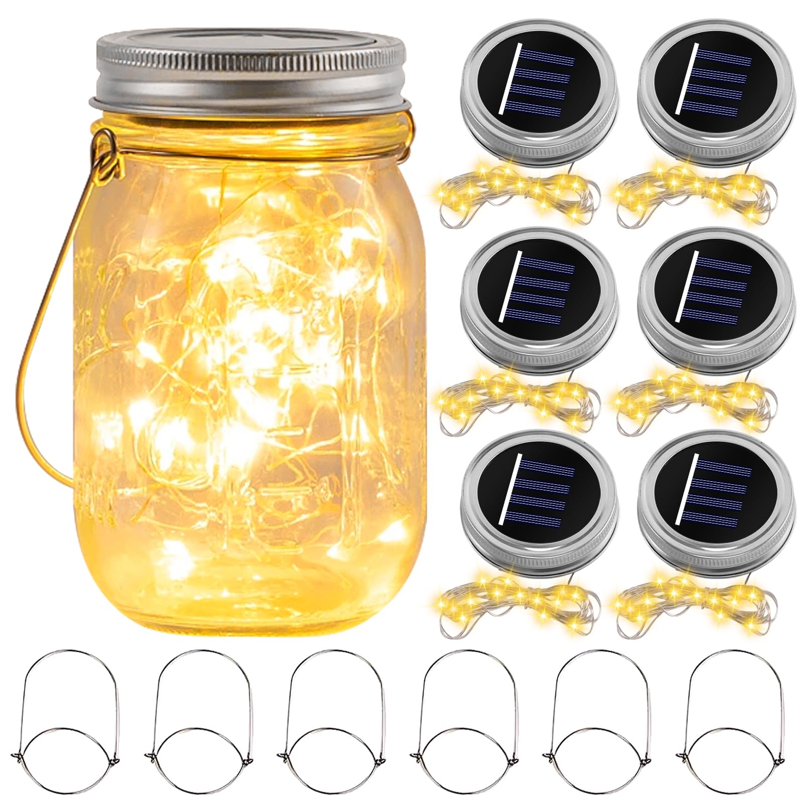 Solar Mason Jar Light Deckel 6 Stück, 3m 30led Solarglas Solarleuchten, Lichterkette Für Flaschen, Für Glas Mason Jar Hängen Laterne Licht Garten Terrasse Hinterhof Hochzeit Party Decor Beleuchtung
