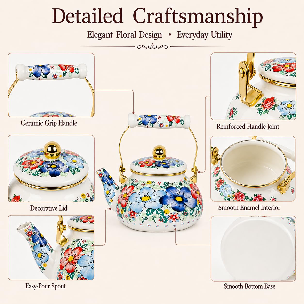 Floral Enamel Tea Kettle - Classic Design -2