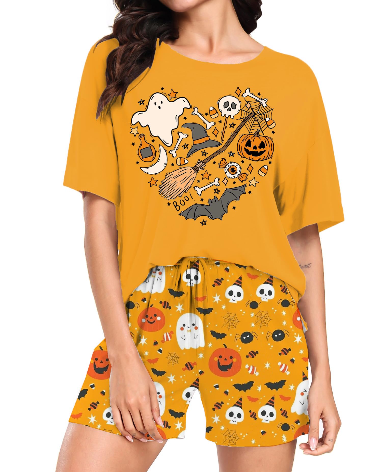tiorhooe Halloween Schlafanzug Damen Kürbis Pyjama Set Kurzarm Zweiteiliger | Loungewear-Set, Atmungsaktiver Stoff, Kürbis-Geist-Motive, Kurze Hose, Sehr Bequeme Passform, Ideal Für Partys & Filmnächte