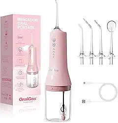 Irrigador Dental Portatil 260ML, 4 Modos de Jato, 4 Bicos, Limpeza Profunda dos Dentes e Gengivas, Elétrico, Recarregável, À Prova d’Água IPX7 (Rosa)