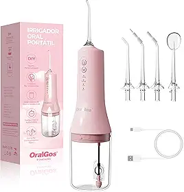 OralGos Irrigador Dental Portatil 260ML, 4 Modos de Jato, 4 Bicos, Limpeza Profunda dos Dentes e Gengivas, Elétrico, Recarregável, À Prova d’Água IPX7 (Rosa)
