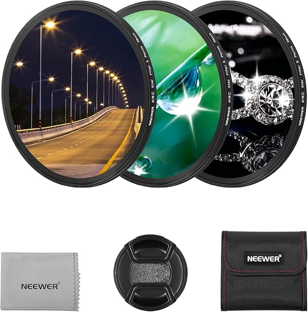 NEEWER 3PCS 58mm Star Filters, Adjustable Cross Screen Star Effect Filter (4, 6, 8 Points) with Ultra Slim Aluminum Alloy Frame, HD No Dark Corners with Double Sided Nano Coatings