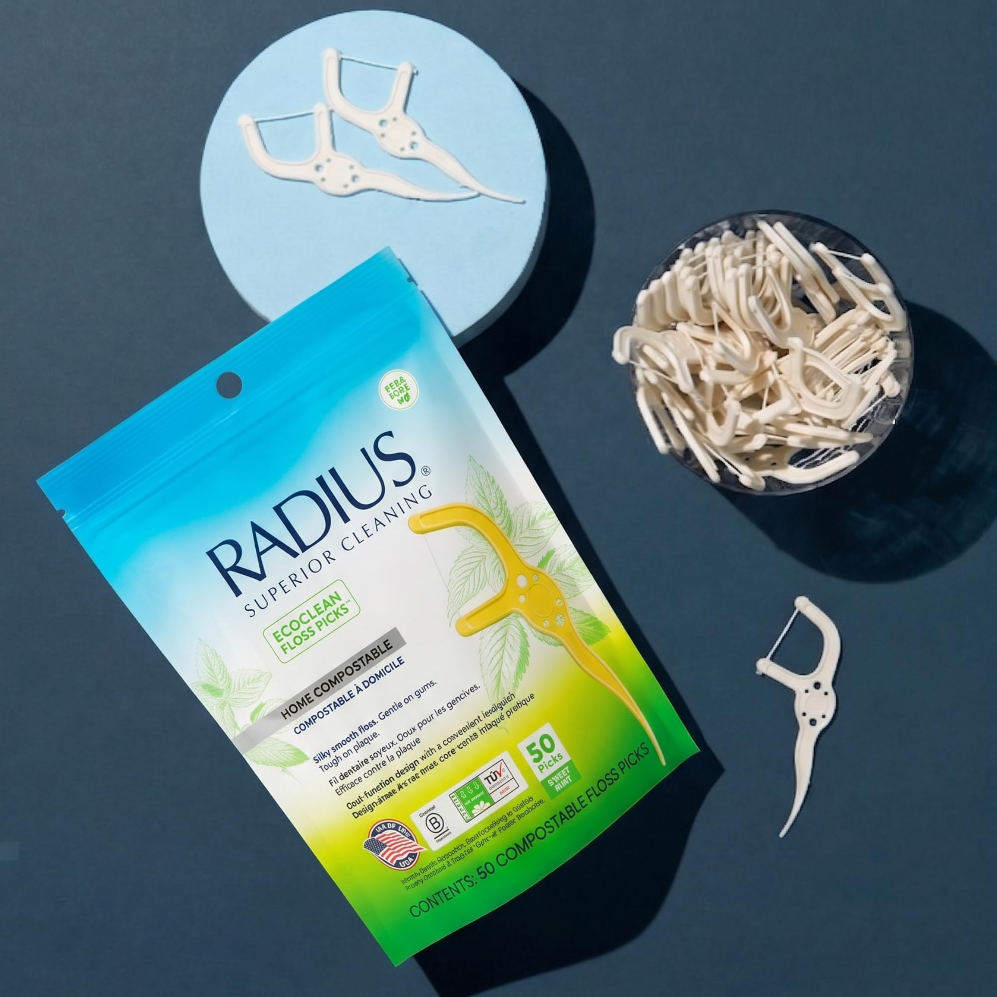 Radius Peppermint EcoClean kompostowalne środki do czyszczenia jamy ustnej dla dorosłych, nietoksyczna ochrona zębów i dziąseł (50 jednorazowych irygatorów w opakowaniu)