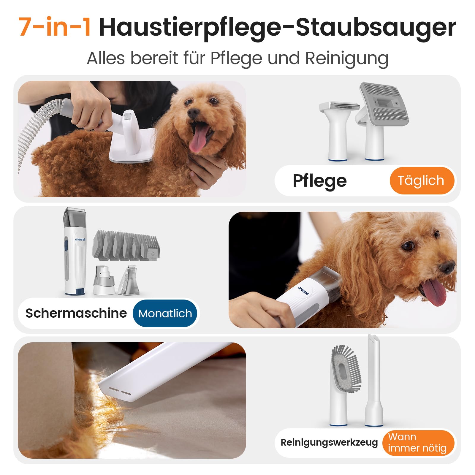 oneisall Hundeschermaschine mit Staubsauger, Super Saugkraft mit 12000 Pa Saugt 99.99% der Tierhaare, Leise Schermaschine Hund Katze Hundehaarschneidemaschine mit 7 Pflegewerkzeugen