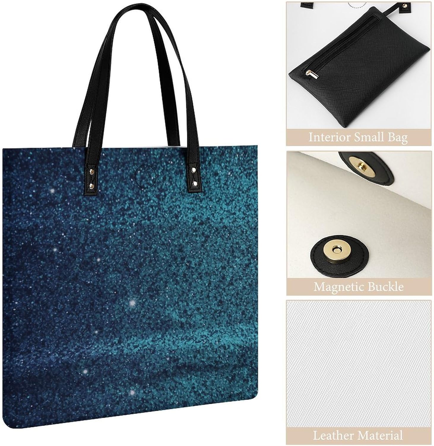 Teal Glitter Tote Bag with Magnetic Buckle Reusable Grocery Bags Lightweight Cross Body Handbag for Daily Essentials