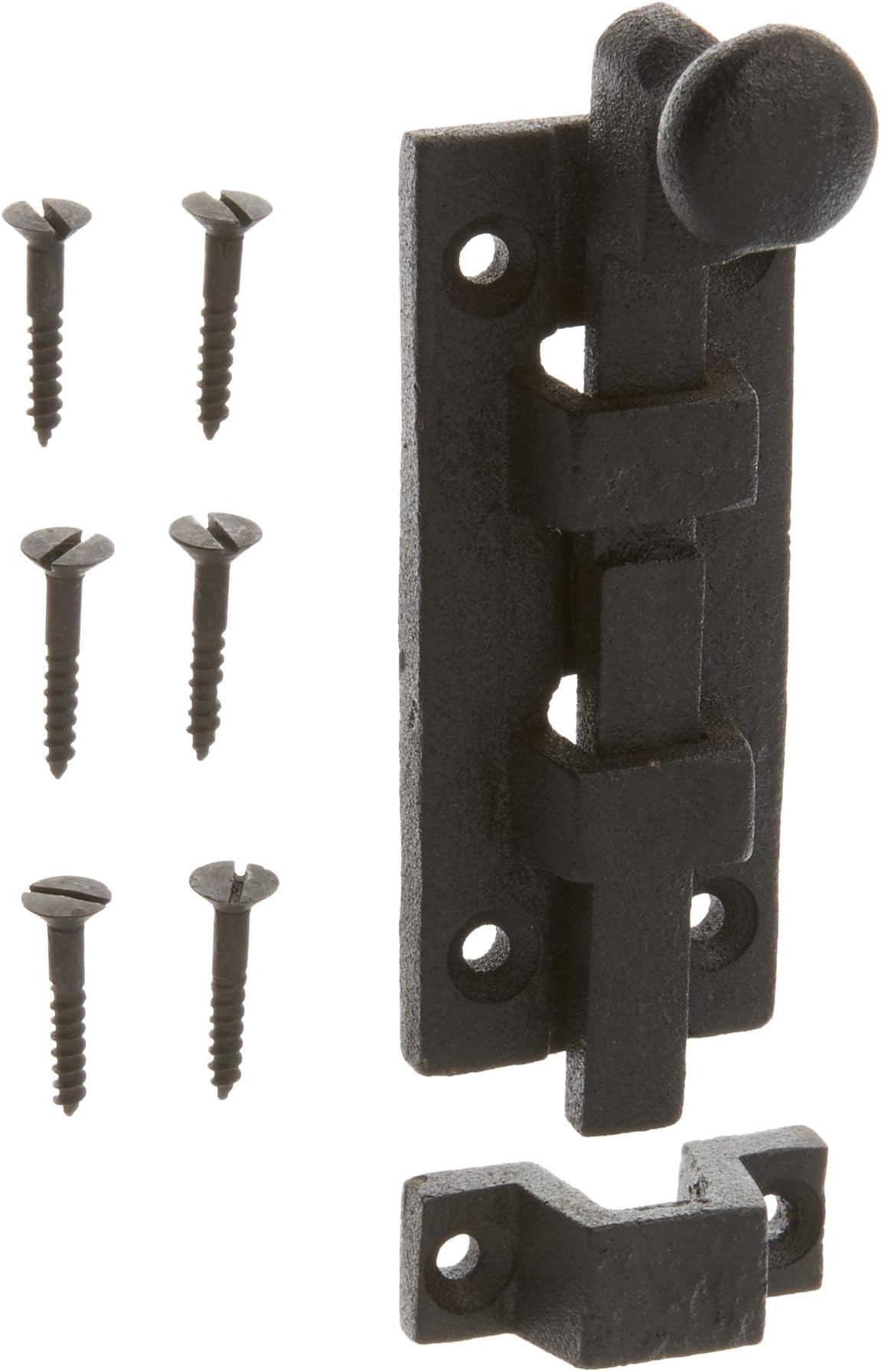 Renovators Supply Manufacturing Slide Bolt Latch 4 in. Black Wrought Iron Slide Bolt with Catch and Mounting Hardware