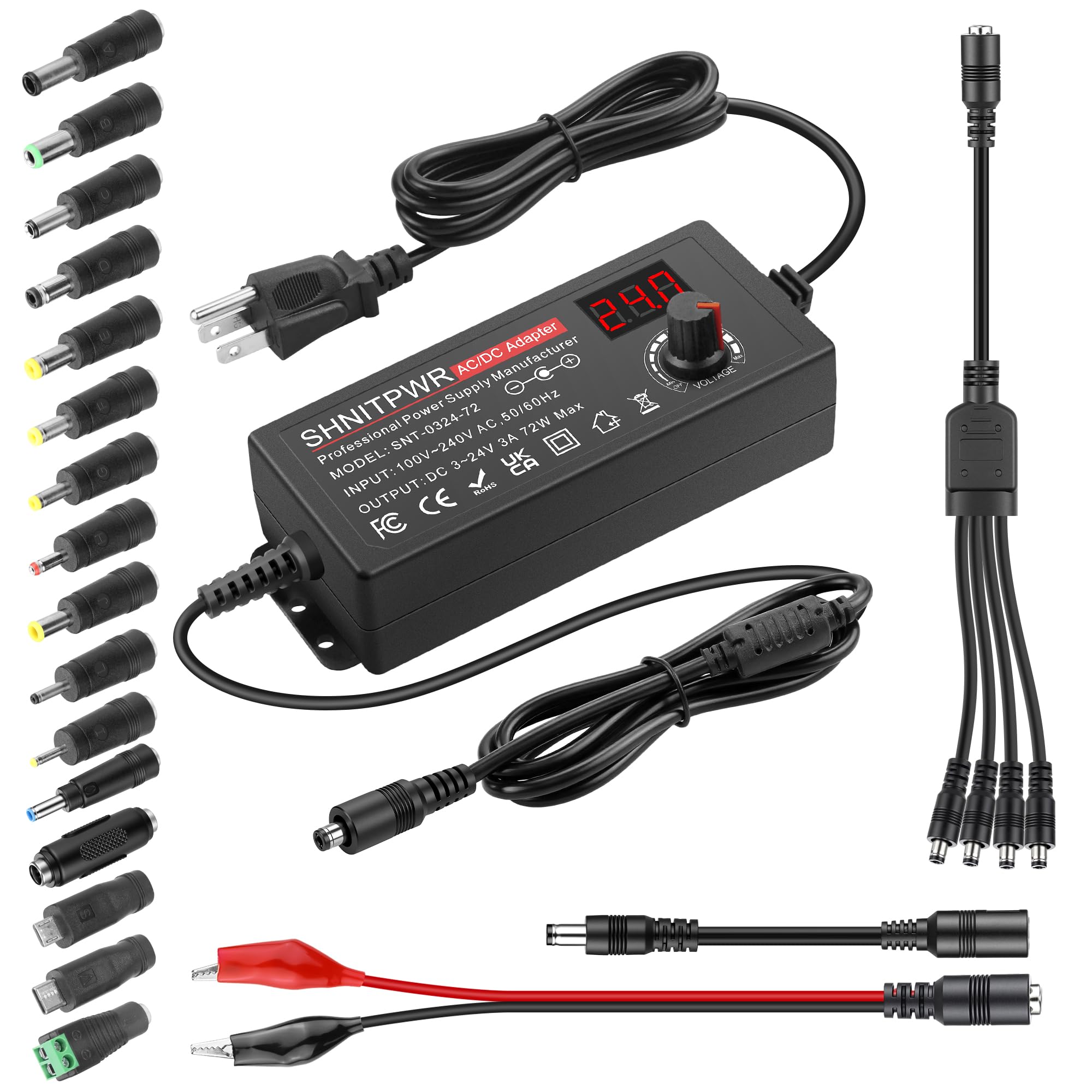 SHNITPWR Universal Power Supply Adjustable 3V~24V 3A 72W Variable 3V 5V 9V 12V 18V 20V 24V AC/DC Adapter, 100V-240V AC to DC Converter with 16 Tips,4-Way Power Splitter Cable,Polarity Converter-image-47