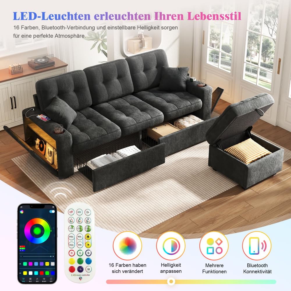 Divano ad angolo multifunzionale con porta USB-C, divano rilassante a 3 posti, con portabicchieri, illuminazione LED, scomparti laterali, 2 cassetti su ruote e pouf per riporre, in chenille (Nero)
