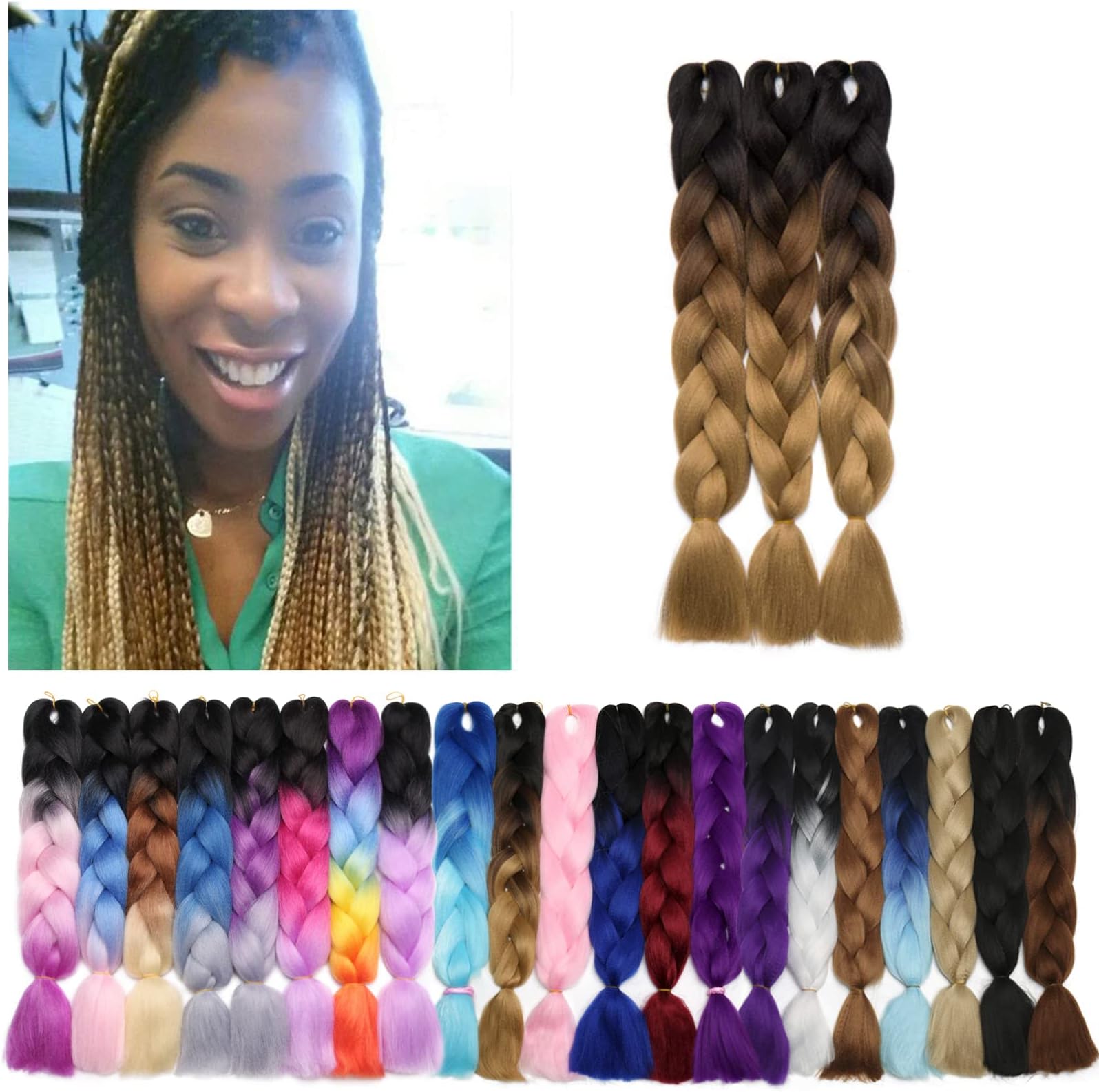 Benehair Ombre Braiding Hair 3 Bundles/lot 24inch Jumbo Braiding Hair Extensions High Temperature Synthetic Braid Hair Braiding Hair Pre Stretched Braid Extensions (Black+Dark Brown+Light Brown)
