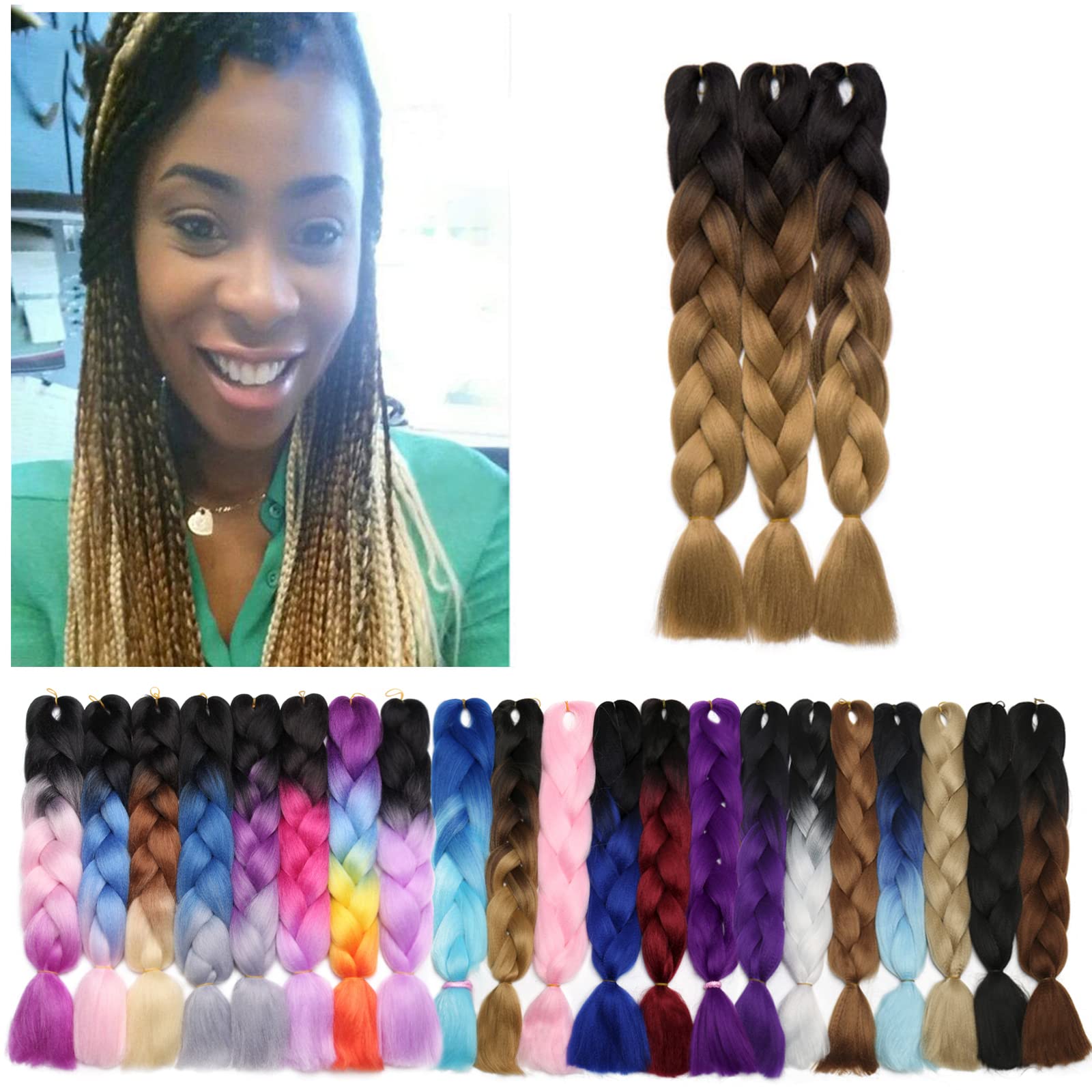 Benehair Ombre Braiding Hair 3 Bundles/lot 24inch Jumbo Braiding Hair Extensions High Temperature Synthetic Braid Hair Braiding Hair Pre Stretched Braid Extensions (Black+Dark Brown+Light Brown)