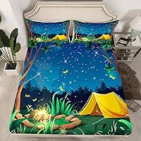 Vista 1 de Manfei Sábana bajera ajustable para cámper, tamaño individual, funda de cama de campamento Night Happy con 1 funda de almohada, juego de ropa