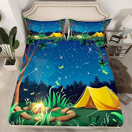 Manfei Sábana bajera ajustable para cámper, tamaño individual, funda de cama de campamento Night Happy con 1 funda de almohada, juego de ropa de