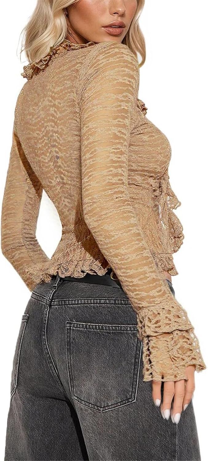 Women's Y2K Tie Front Cardigan Textured Lettuce Trim Long Sleeve Sheer Shrug Top Cover Ups - Image 2