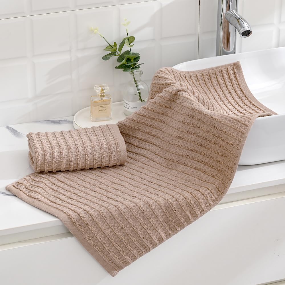 sense gnosis Brown Hand Towel Set of 2 Waffle with Terry Striped Pattern 100% Cotton Ultra Soft Absorbent Towels for Bathroom Kitchen Home 13 x 29 Inch - Image 2