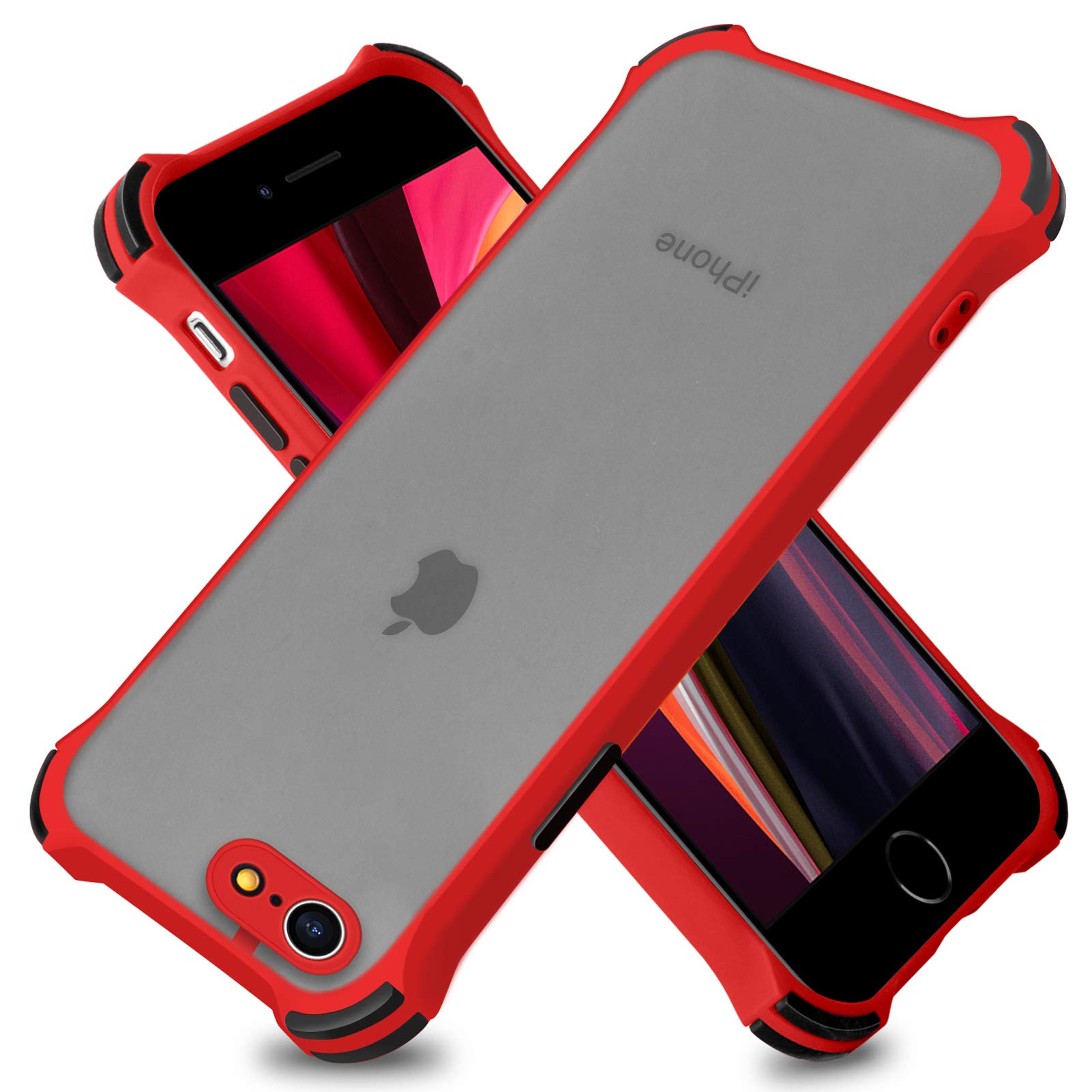 iPhone 7/8/SE 2020 Case, Camera Lens Protective Half Clear Matte Hard with 4 Corners Shock Skid Proof Scratch-Resistant PC+TPU Protection Cover Case for iPhone 7/8/SE 2020 - Red/Black