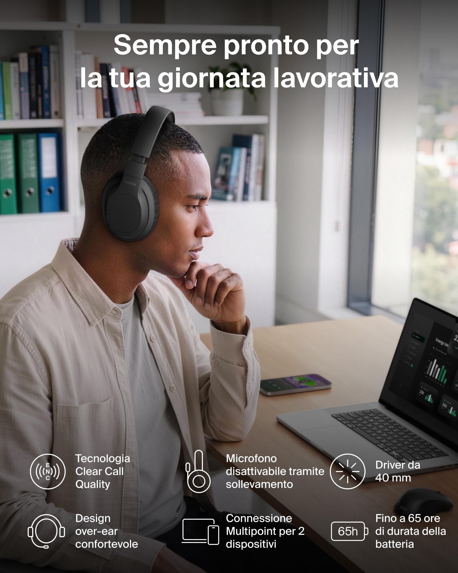 Belkin SoundForm Adapt Cuffie Bluetooth Over-Ear con Microfono – Nero — immagine 11 di 16