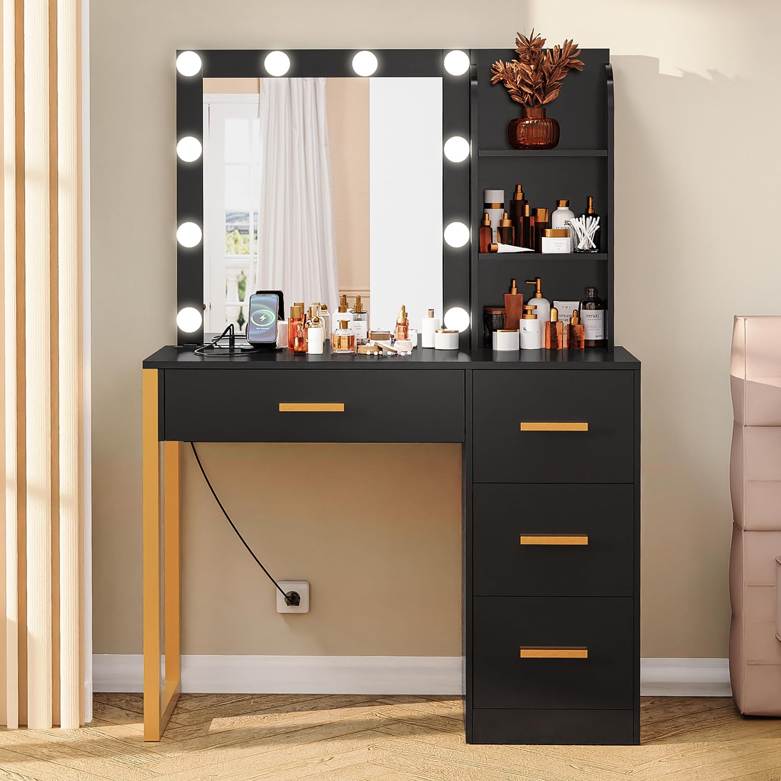 Makeup Vanity Desk with Mirror & Lights, Vanity Desk with 4 Drawers & Charging Station, Dressing Vanity Table with Open Storage Shelves, 3 Color Modes, Vanity Table for Bedroom, Black