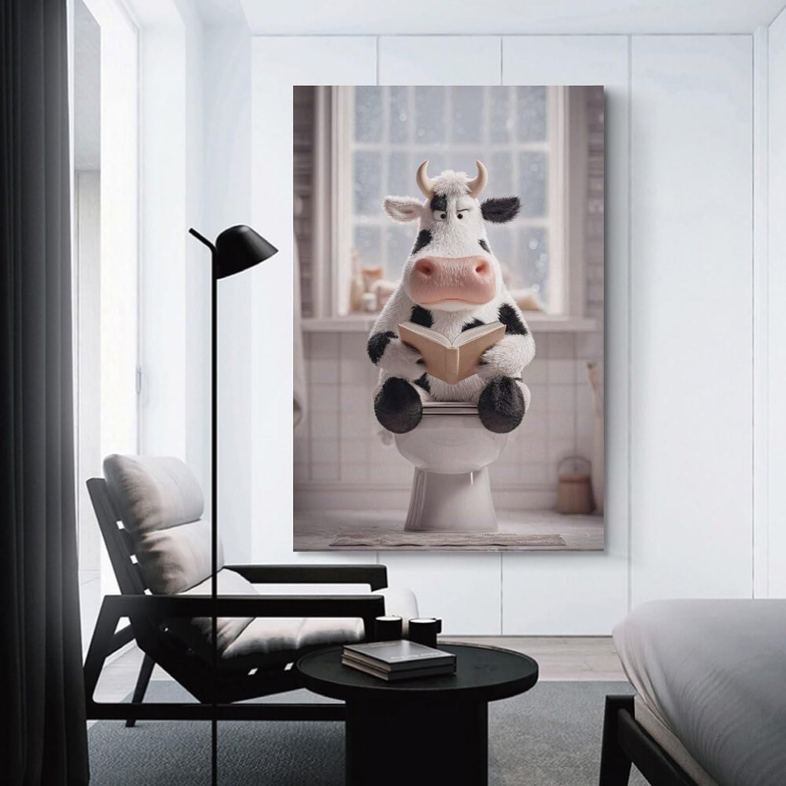 Junmoney Unframe-Style-14-1 Cow Reading On The Toilet Wall Art Print, 20X30inch(50X75cm), For Bedroom Walls, Guest Spaces Or Lounges, Home Artwork With A Soft Interior Feel