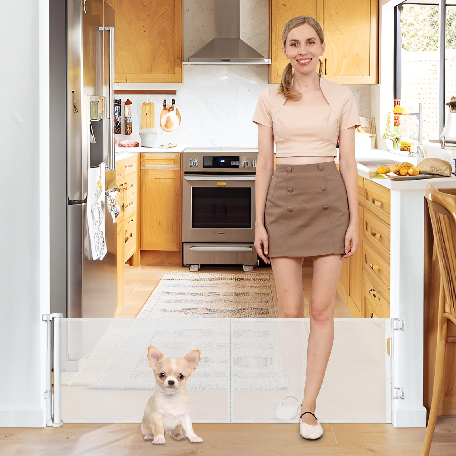 Photo 1 of 20 Inches Tall Retractable Dog Gate to Step Over, Short Pet Gate for Doorways, Extends up to 55" Wide, Step Over Puppy Gates for The House Mesh Doggie Gates Small Dog Gate Indoor Outdoor (White)