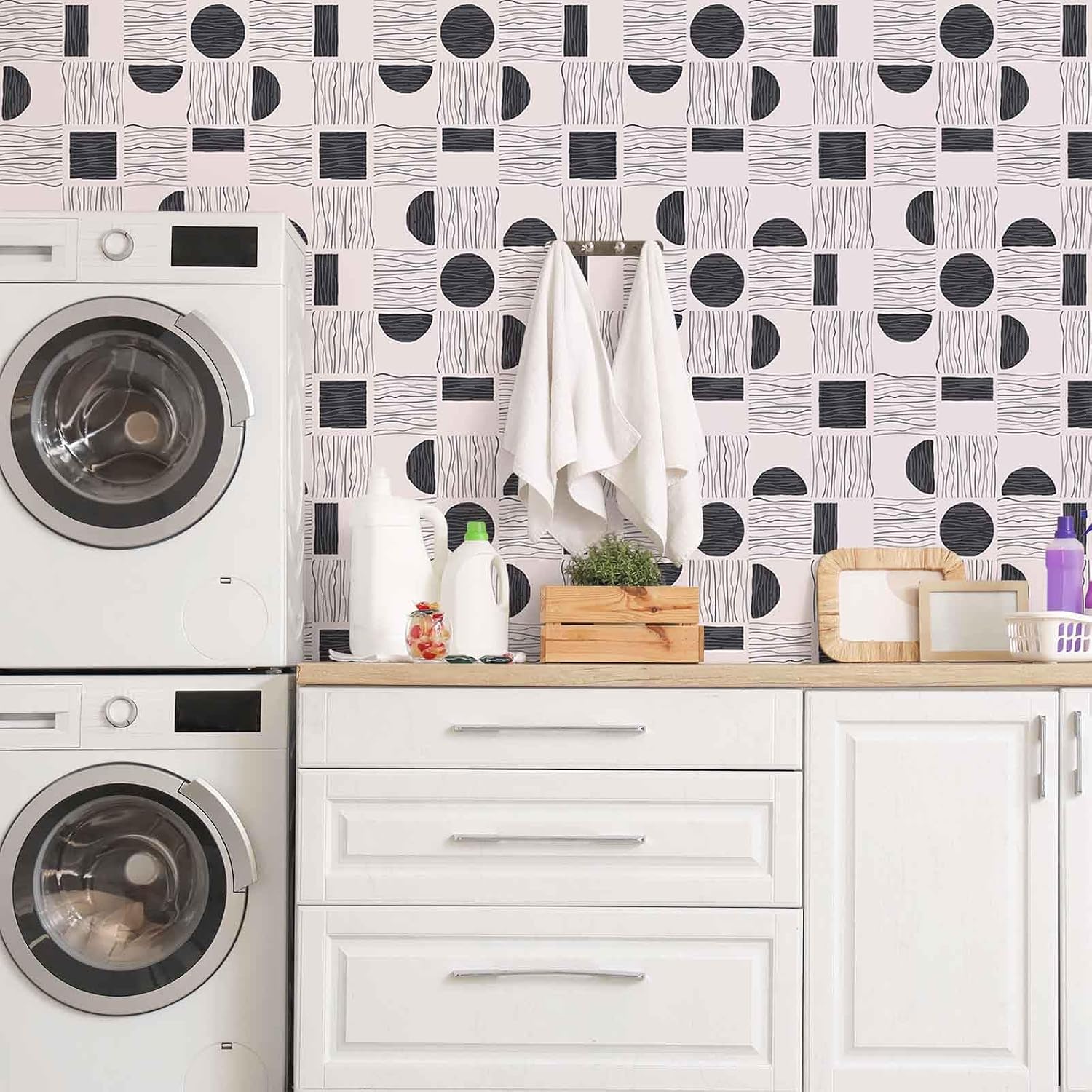 CRE8TIVE Abstract Geometric Peel and Stick Wallpaper Line Circle Semicircle Rectangular Square Black Beige Contact Paper for Cabinets Accent Walls 12"x118" Self Adhesive Minimalist Geometric Wallpaper