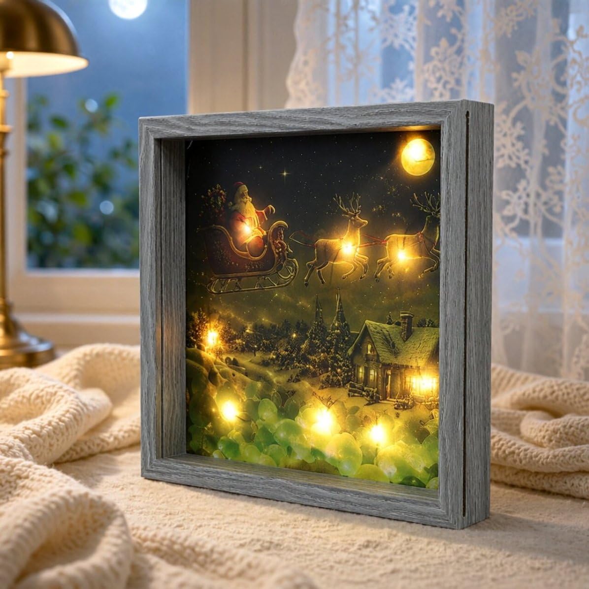 Weihnachtsdekorativer Fotorahmen mit LED Licht für Innen | Glasfront, Einfacher Fotowechsel, Festliche Beleuchtung, Wohnraum, Kamin oder Tisch, Winterliche Szene