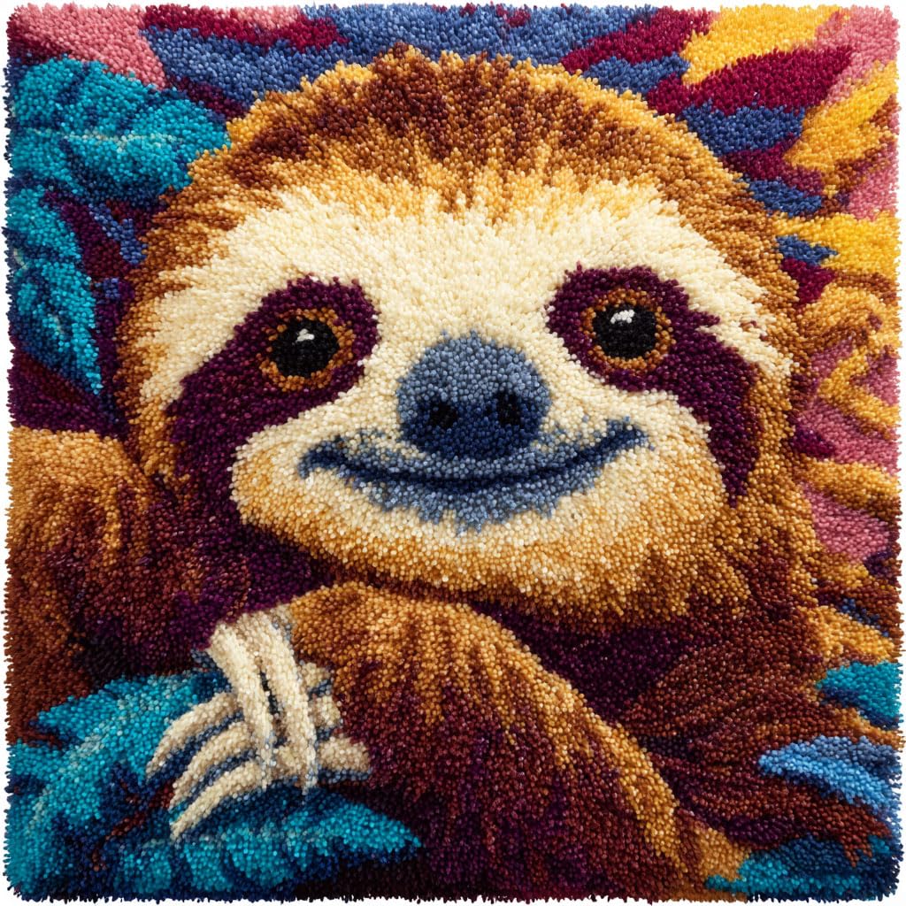 AMBATTERY DIY Latch Hook Pillow Kits, Animal Sloth Latch Hook Throw Pillow Cover Kit Needlework Cushion,Cross Stitch Set Hand Craft Crochet Embroidery kit 43x43cm