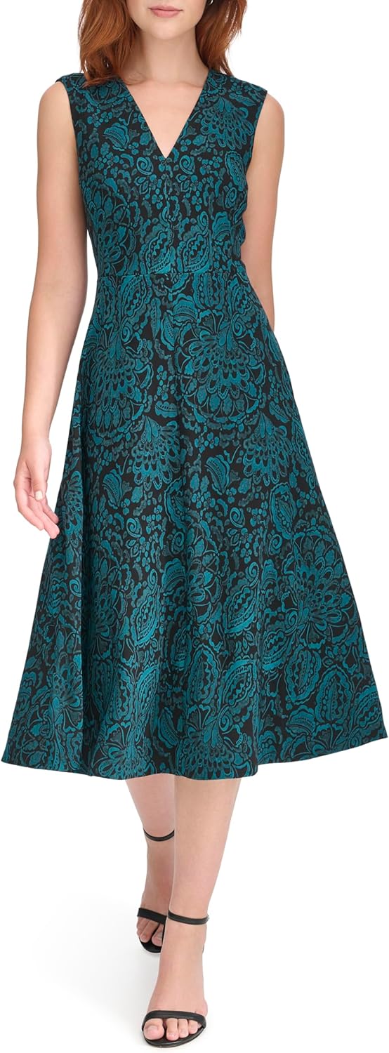 Tommy Hilfiger Womens Sleeveless V-Neck A-line Midi Dress