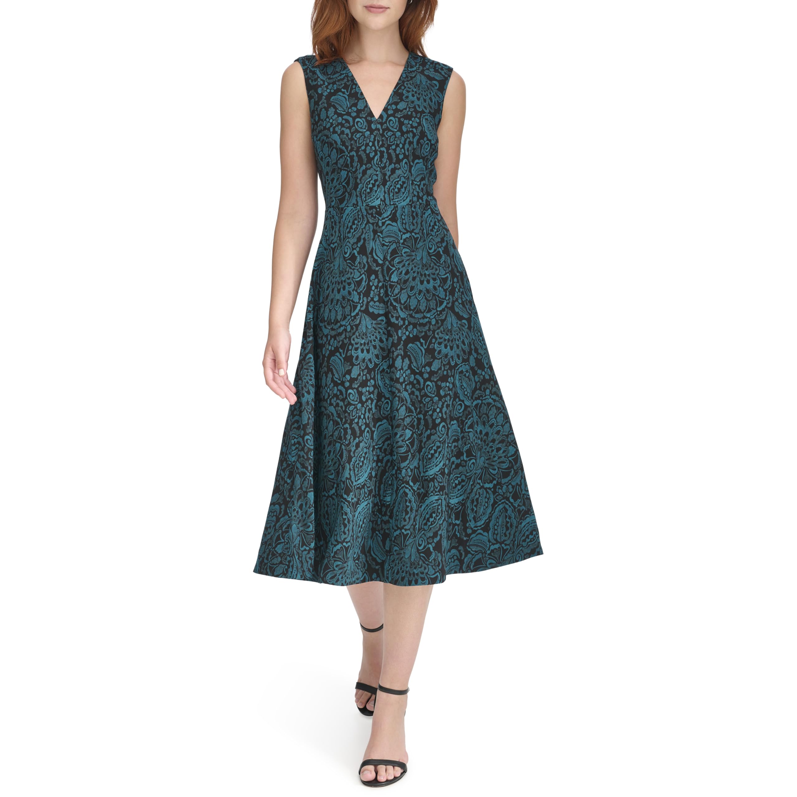 Tommy Hilfiger Womens Sleeveless V Neck Fit and Flare Midi Dress