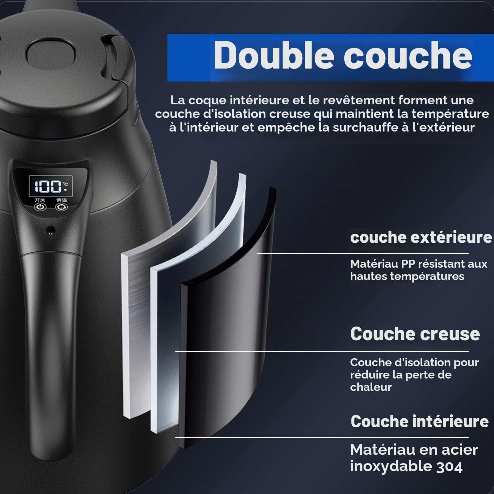 Bouilloire de voyage 12 V/24 V pour voiture, 1,2 litre, en acier inoxydable, avec adaptateur allume-cigare. Chauffe jusqu'à 100 °C et dispose d'un écran LCD. Idéale pour l'eau chaude, le café