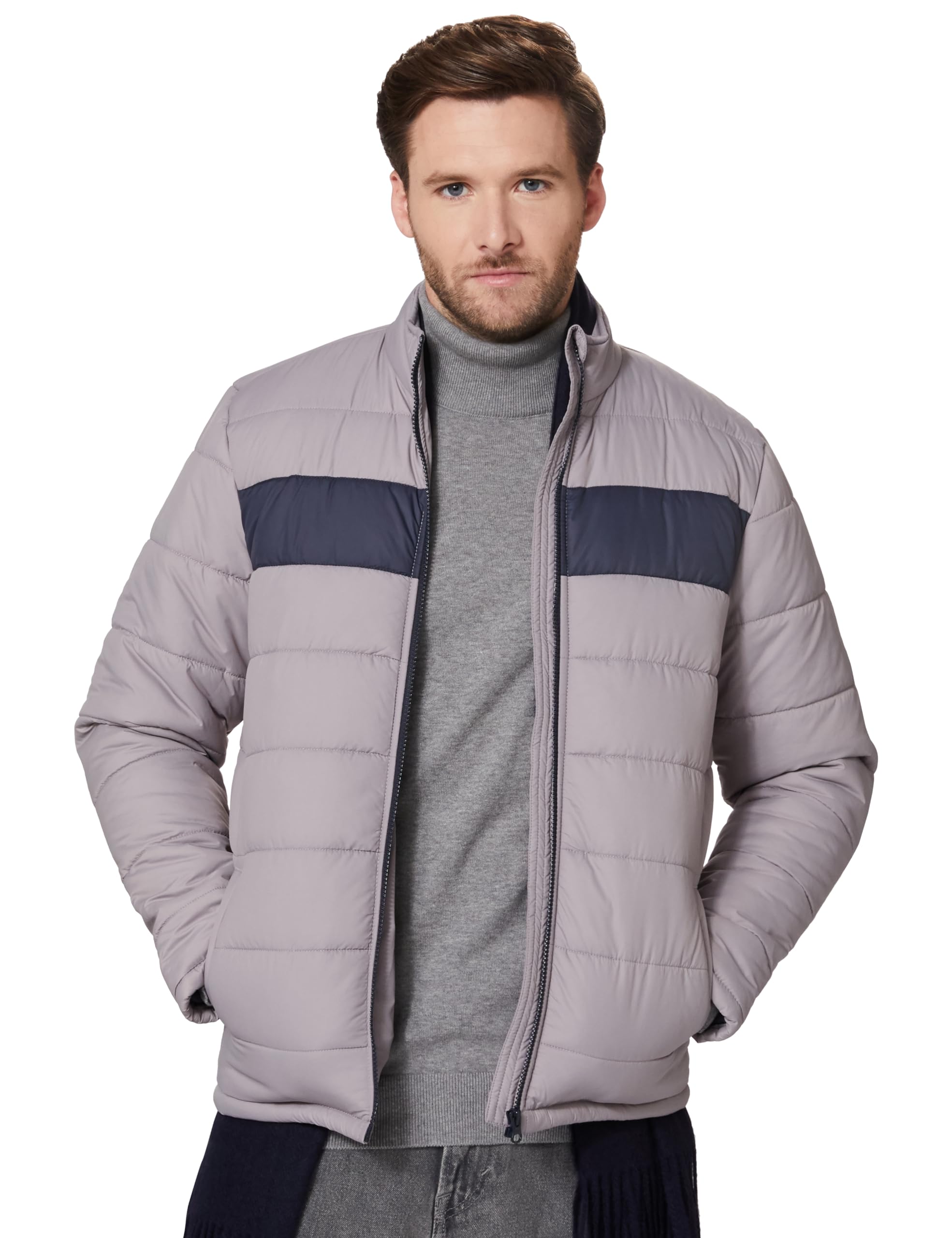 Amazon Brand - SymbolMen's Polyester Standard Length Quilted Jacket (Previously House & Shields) (AW19-HSJ-06_Grey&Navy_M)