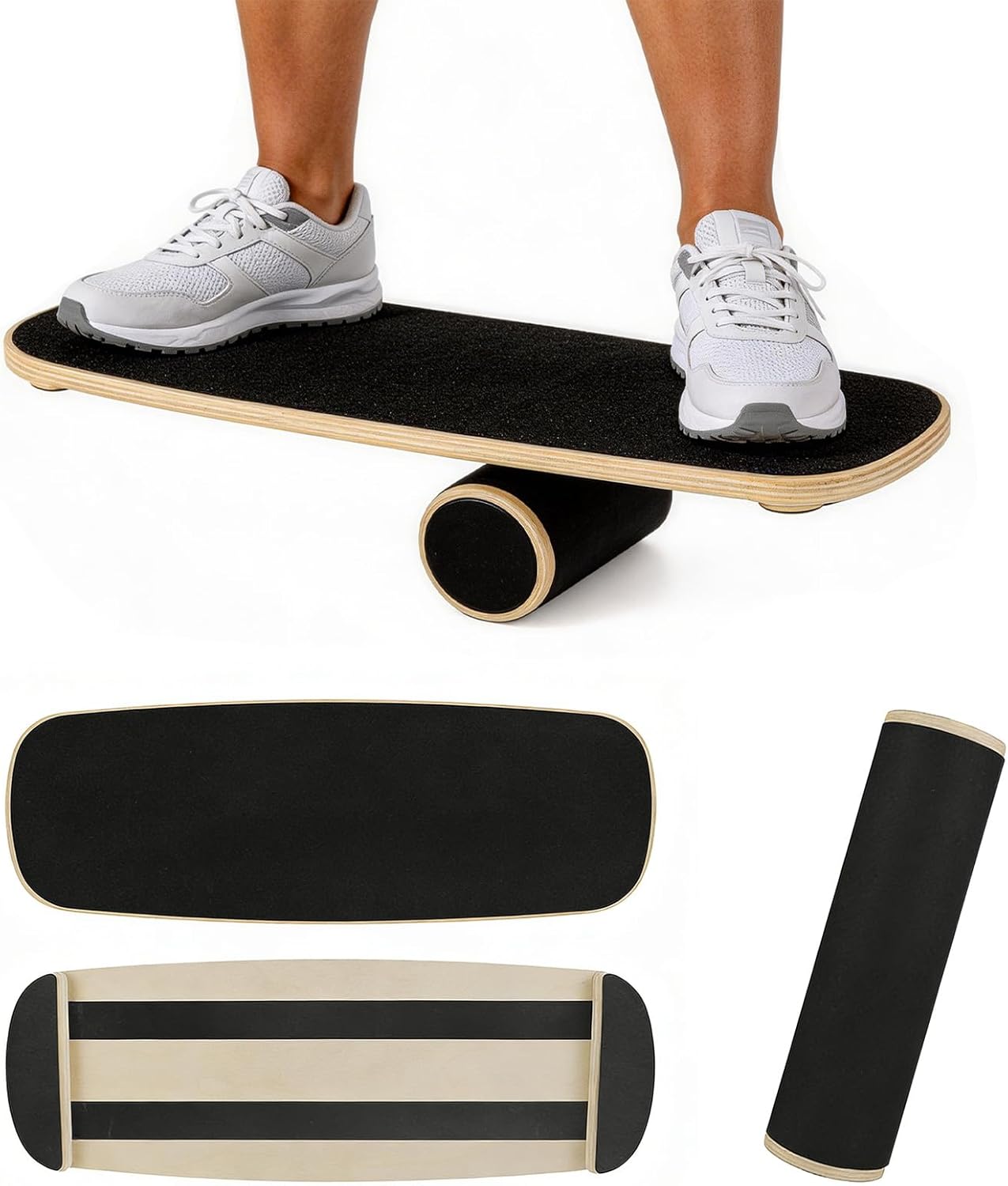 Balance Board Roller Wooden Trainer Roller Board Balance Training Board Surfin Balance Board Non-Slip Balance Trainer for Beginners and Professionals Body Control Exerciser Black