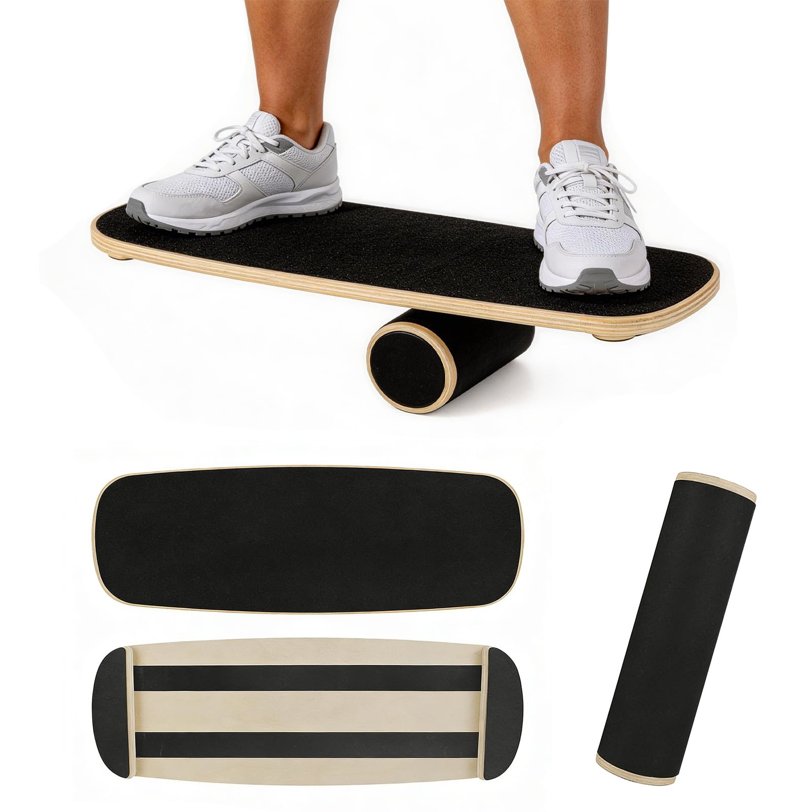 Balance Board Roller Holz, Trainer Rollbrett Balance Trainingsbrett, Surfin BalanceBoard Rutschfest Gleichgewichtstrainer für Einsteiger&Profis, Körperkontrolle Exerciser Schwarz