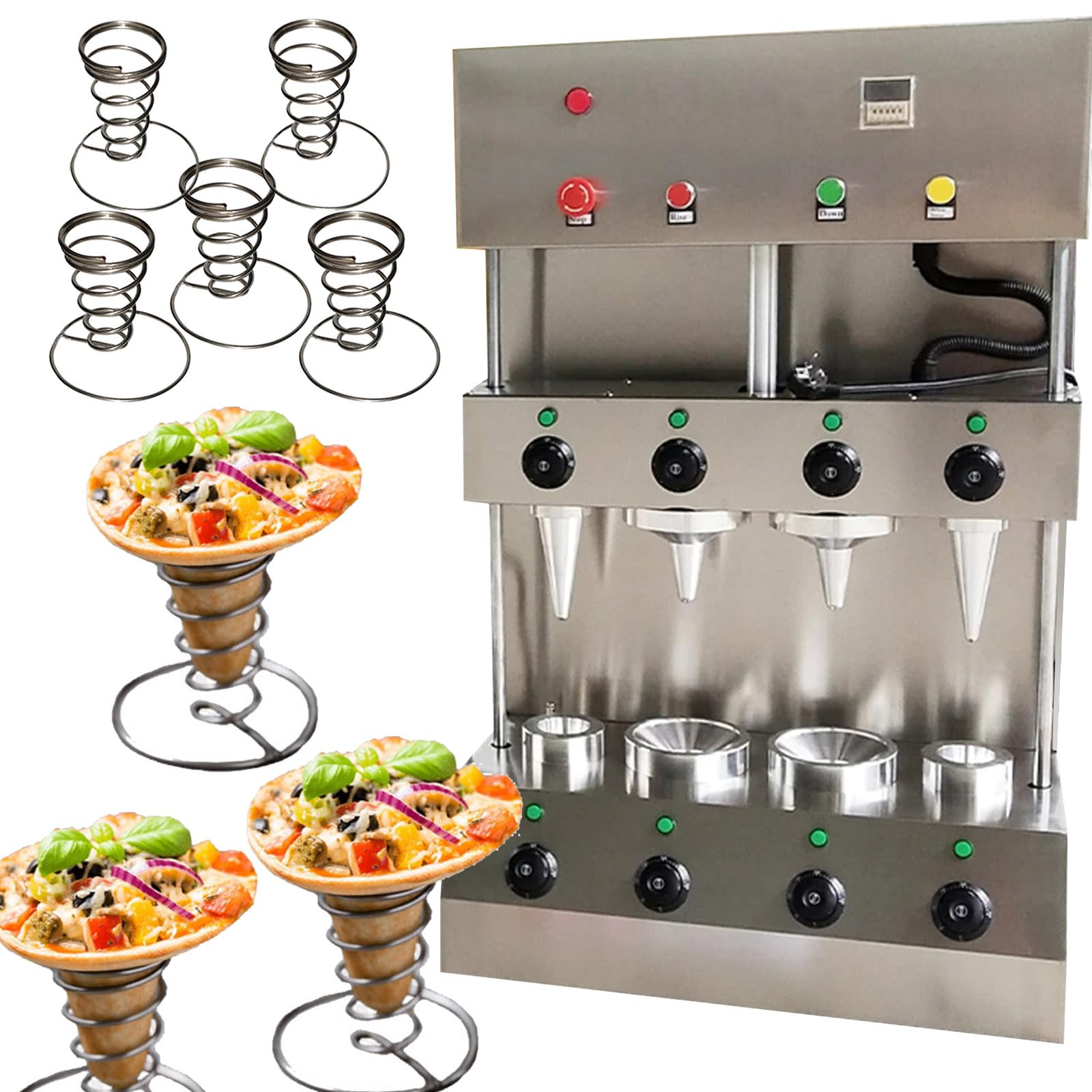 TXMACHINE® Pizza cone machine 4 cone maker with pizza oven,display warmer,pizza cone making machine,4 shapes (2 cone+2 umbrella maker, 120V/60HZ)