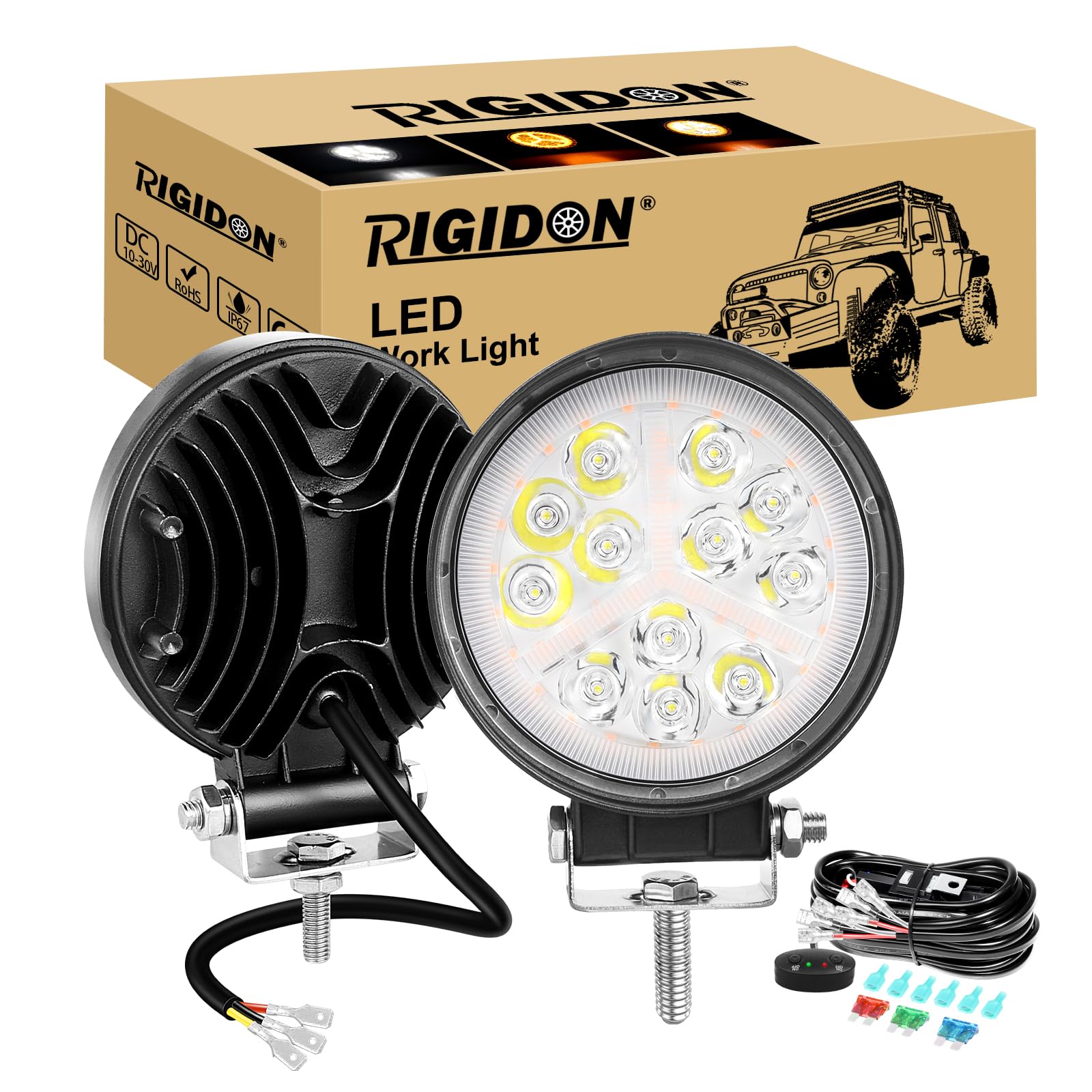 RIGIDON 2x 4 36W okrągły reflektor roboczy led z zestawem okablowania 12 V, dalekiego zasięgu led biała bursztynowa lampa, projektor światła robocze do offroad samochodów ciężarowych 4x4 motocykl