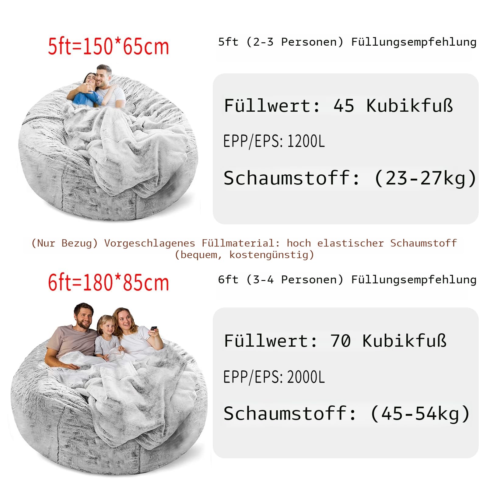 YudouTech Sitzsack Stuhl Abdeckung (nur Abdeckung, Keine Füllung),Großer runder weicher Flauschiger waschbarer Sitzsack Faulenzer-Sofa-Bettbezug für Erwachsene,Wohnzimmer Schlafzimmer Möbel Cover.