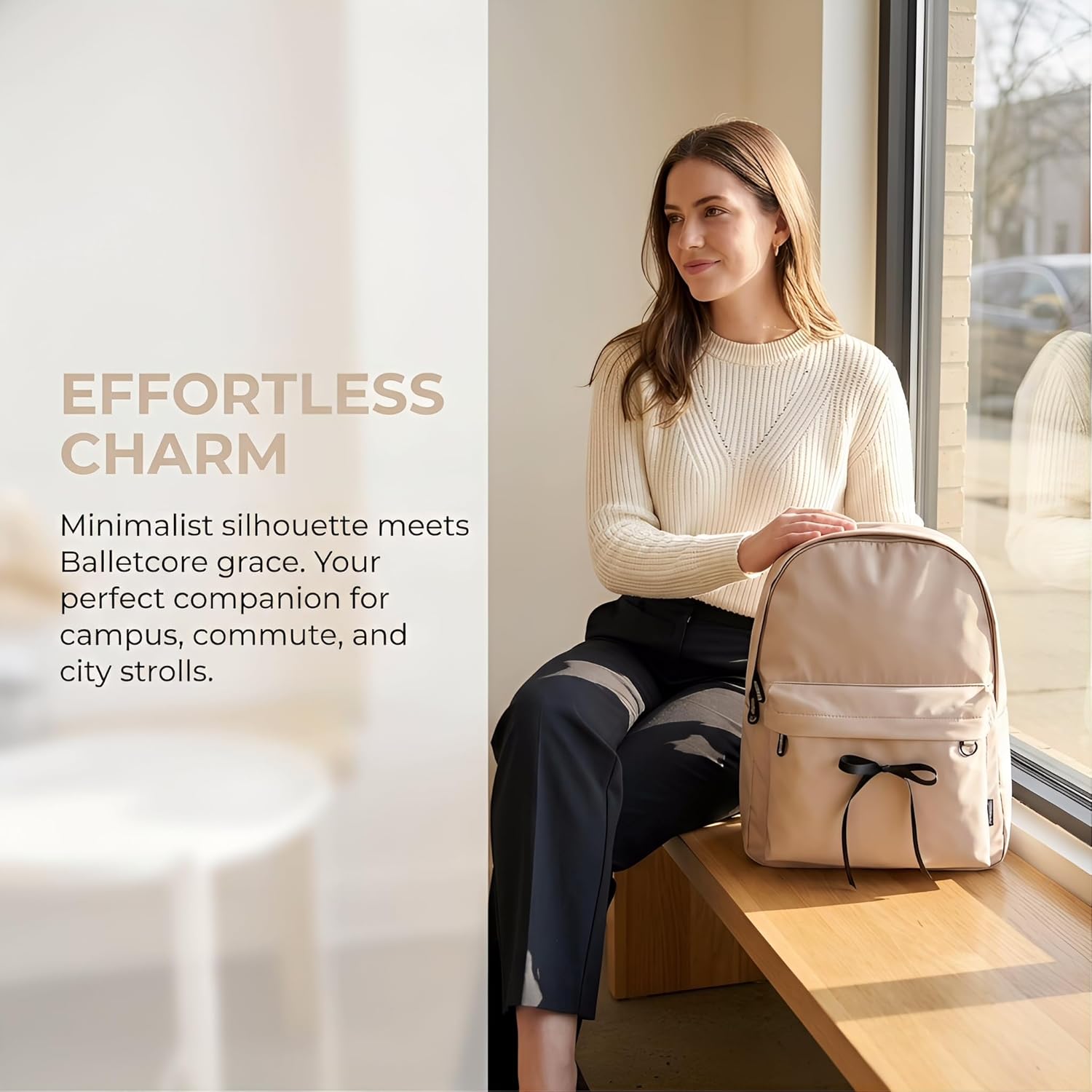 Cute Beige Aesthetic Backpack for Women,College Coquette Laptop Bow Backpack,Elegant Simple Mordern,Plain Water Resistant Medium Size Bookbag for Women (BOW)