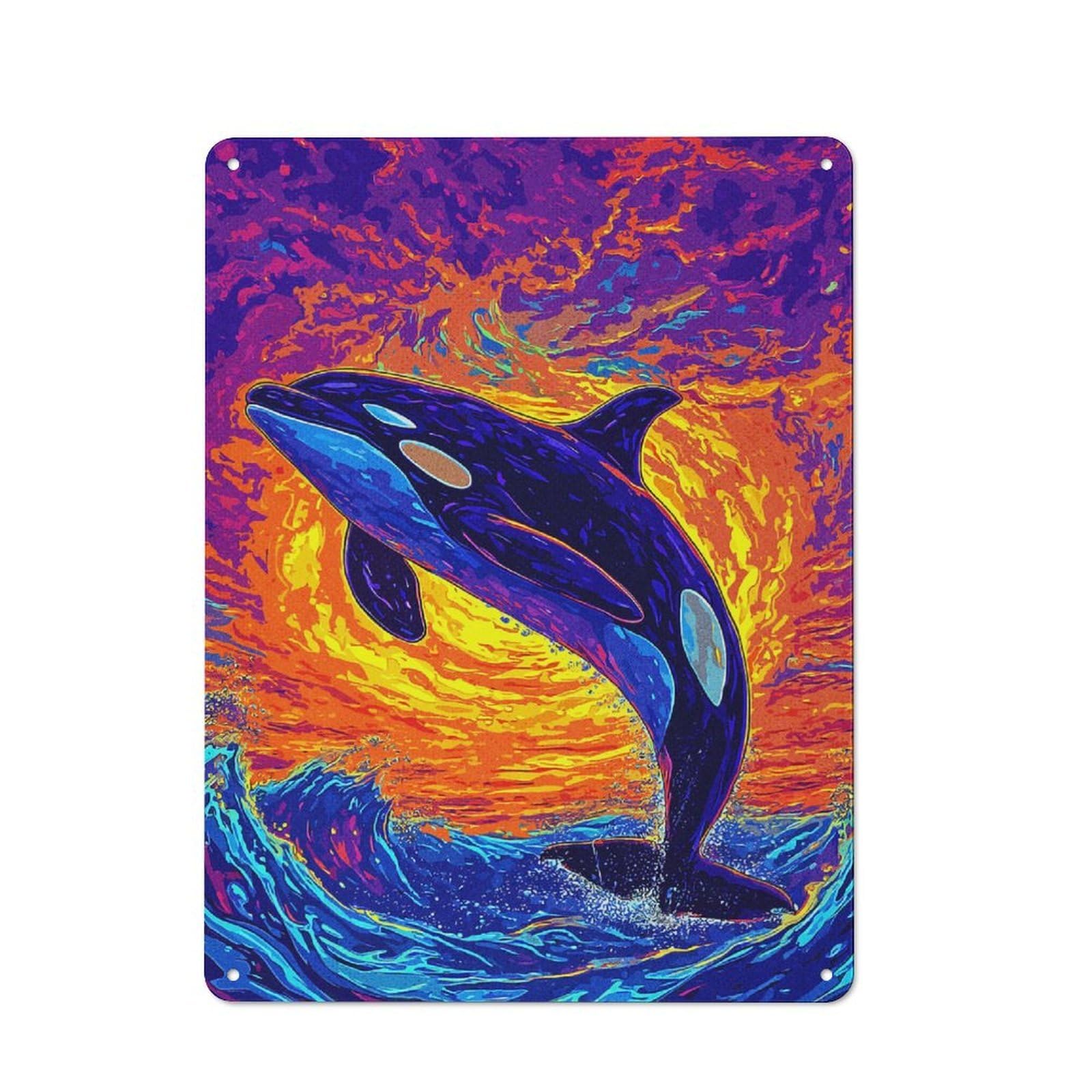 Junmoney Style-18-1 Tin Wall Plaque 40X30cm With Orca Breaching Vibrant Ocean Art For Pub Or Café, For Hospitality Wall Decor Collectors