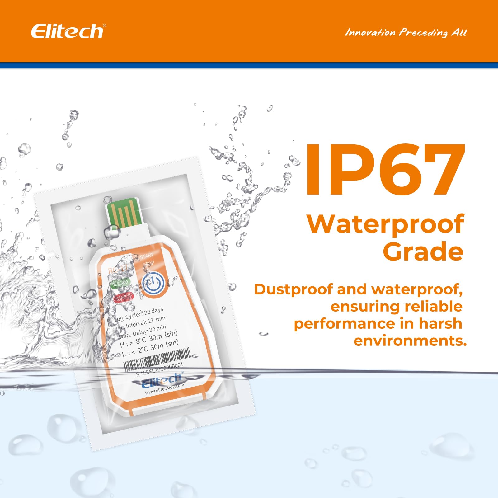 Elitech Enregistreur de Température USB à Usage Unique RC-17 5Pcs, Paramètres Réglables, Enregistrement 120 Jours pour Chaîne du Froid Aliments Médicaments, Étanche IP67, Export Auto PDF