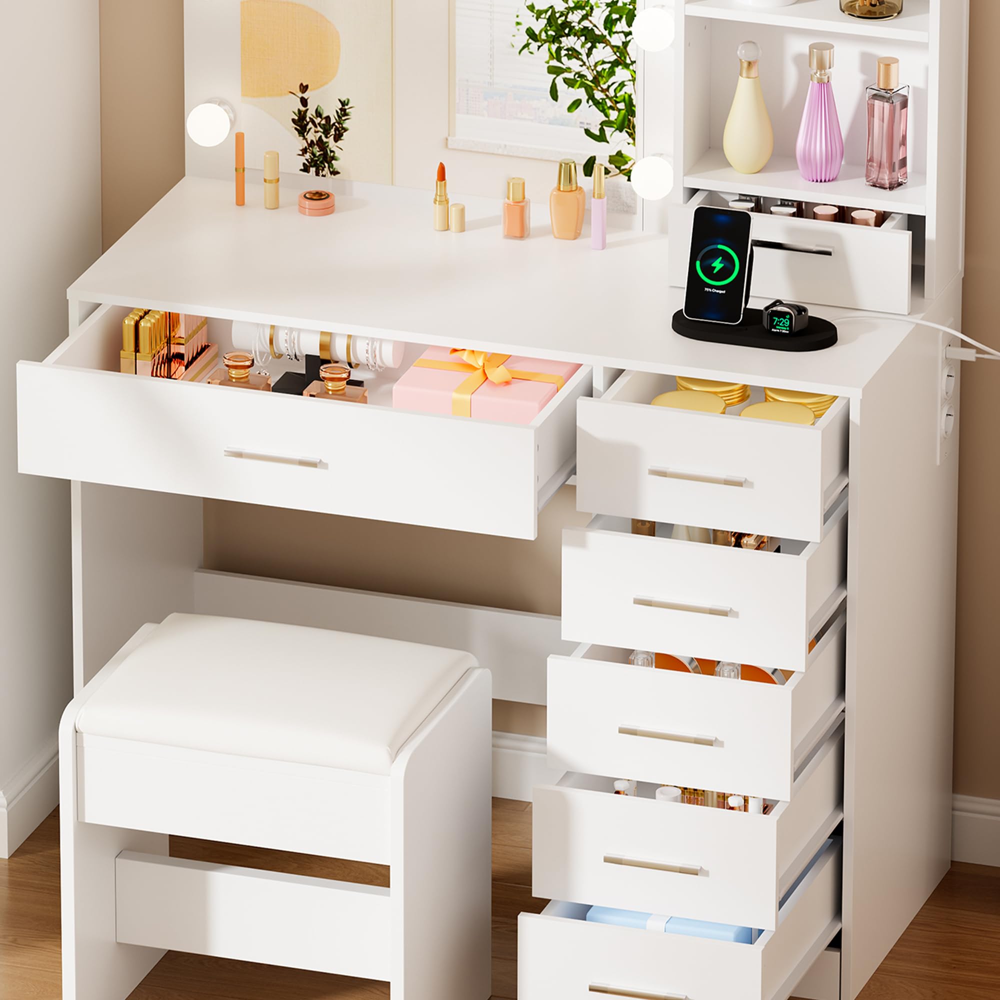 BEWISHOME Toeletta Trucco con Specchio e luci LED,luminosità Regolabile,Tavolo da Trucco con Presa,Sgabello,7 Cassetti e 3 Ripiani Aperti,Moderno Bianco Postazione Trucco per Camera da Letto EFST51W