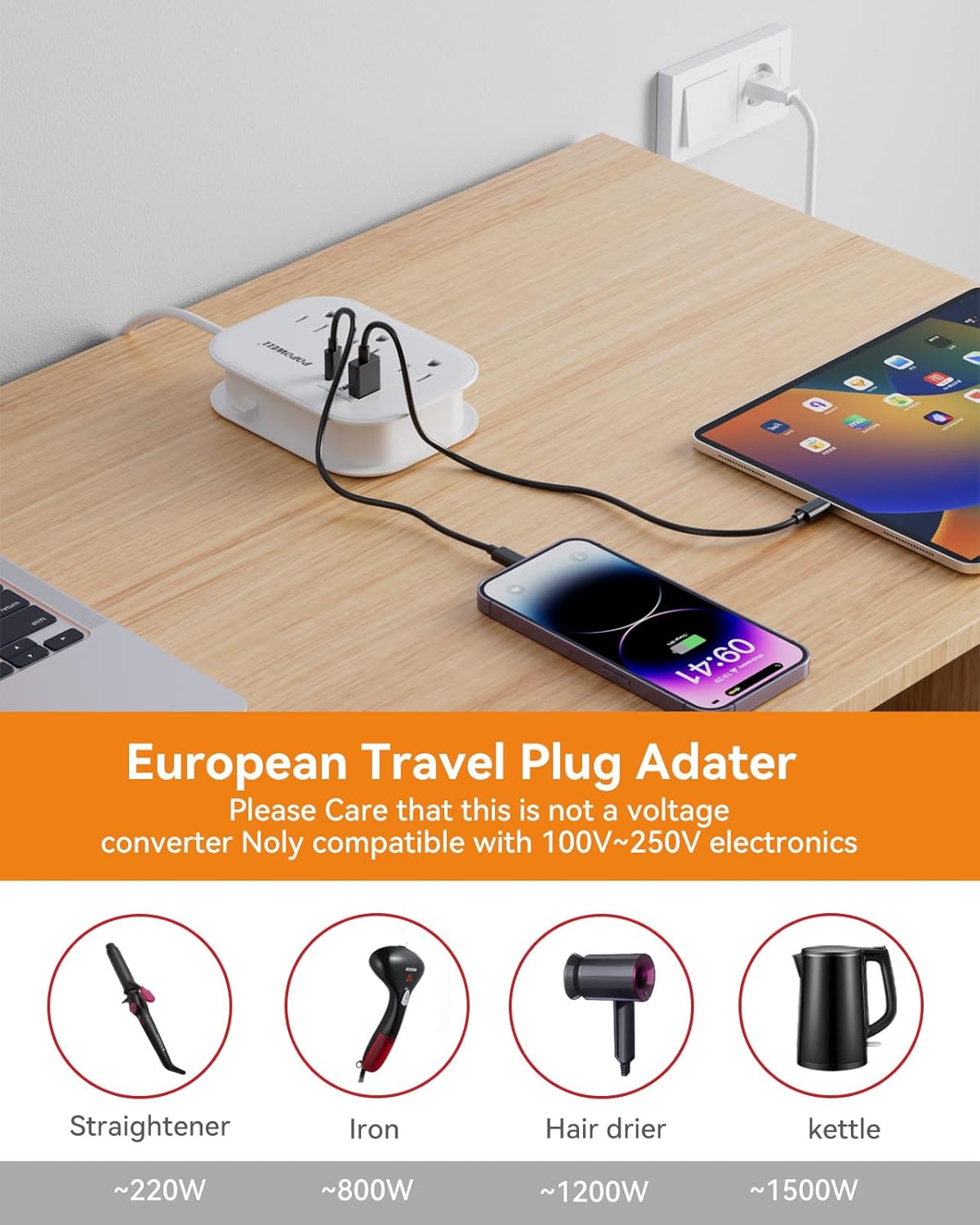 European Travel Plug Adapter,Travel Power Strip with 3 Outlets & 3 USB(3.4A), Type C US to EU Plug Adapter, International Power Adapter with 3 FT Extension Cord for Germany Italy Spain France White.