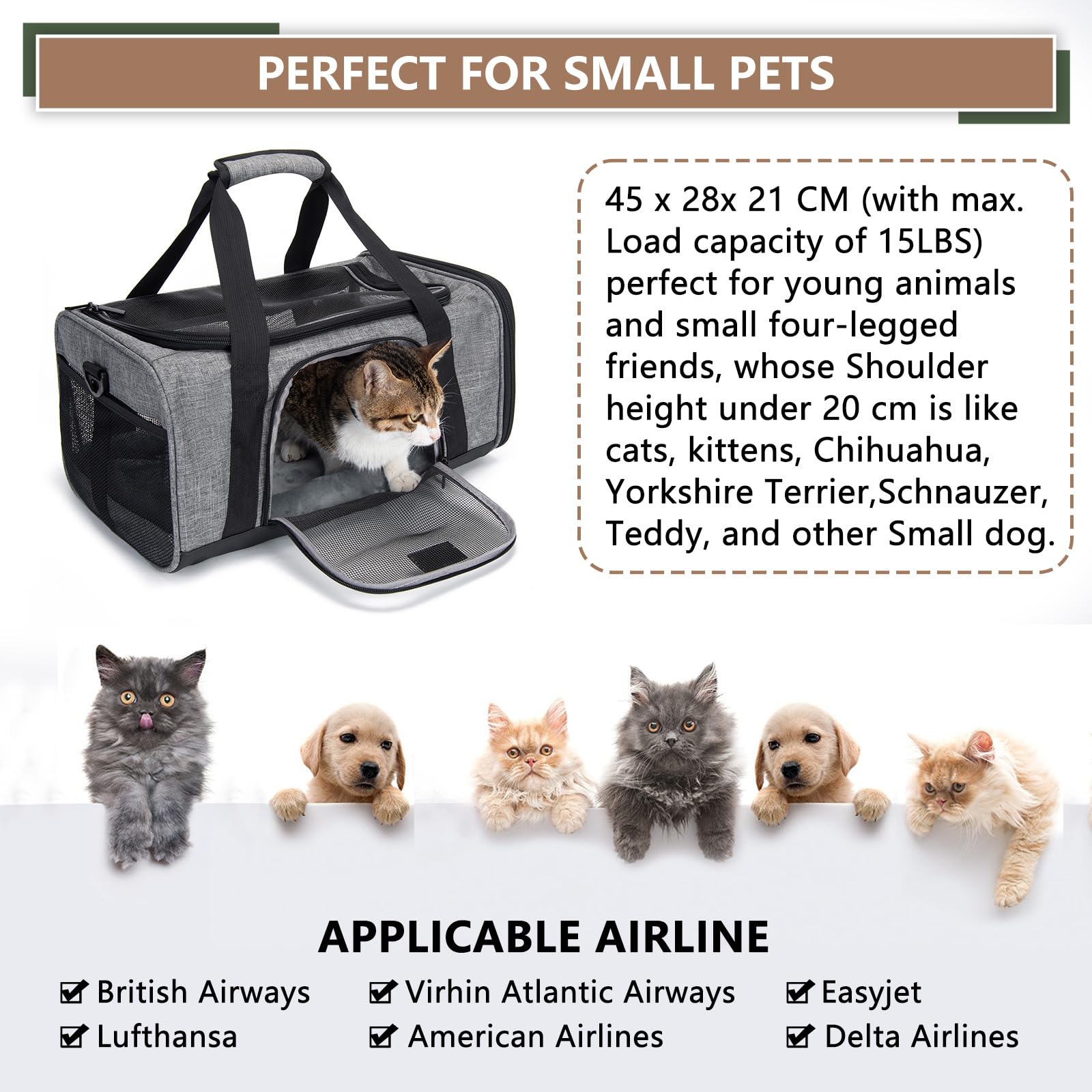 Wakytu Transporttasche für Katze Hund,Katzentransportbox Flugzeugtauglich Hochwertig, Nicht leicht verformbar und zerreißbar Hundetransportbox, bis 5 kg für Katzen und kleine Hunde