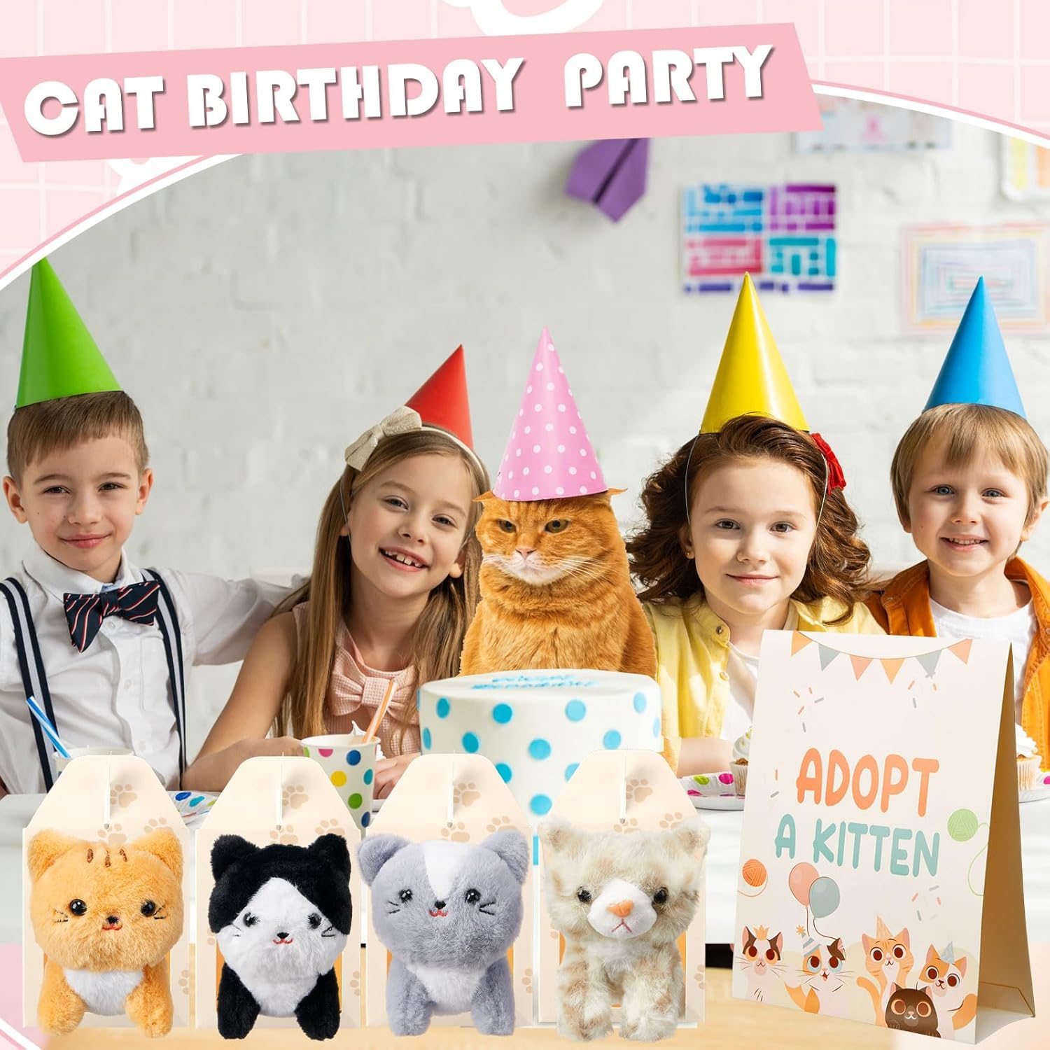 Skylety 24 Sets Pcs Adopt a Cat Favors Small Stuffed Plush Cats Bulk with Foldable Puppy Boxes Adoption Cards White Fences and Paper Sign for Adopt a Pet Theme Birthday Party Supplies Gifts